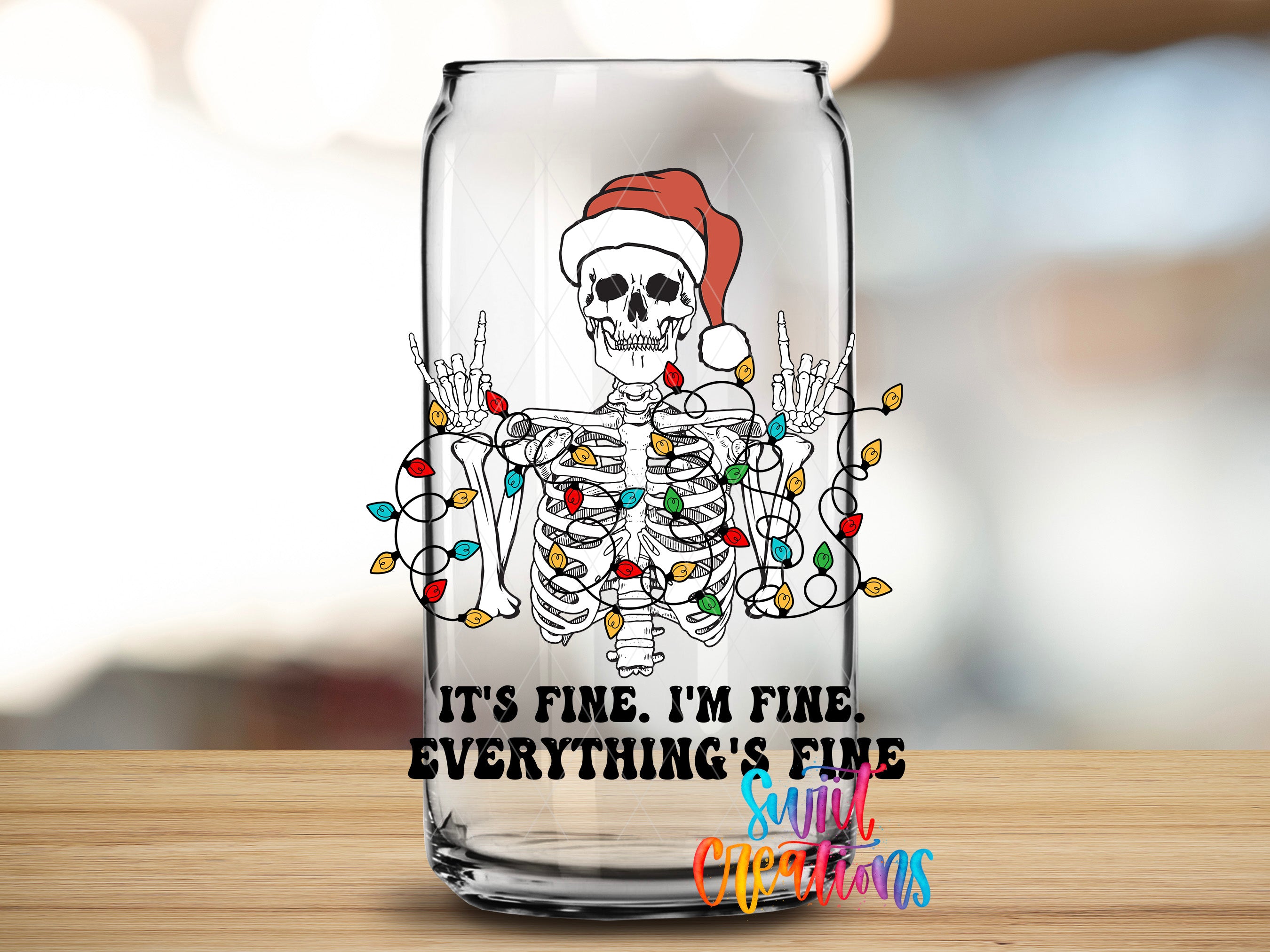A glass can with a skeleton wearing a Santa hat and holding up a peace sign, surrounded by colorful Christmas lights.