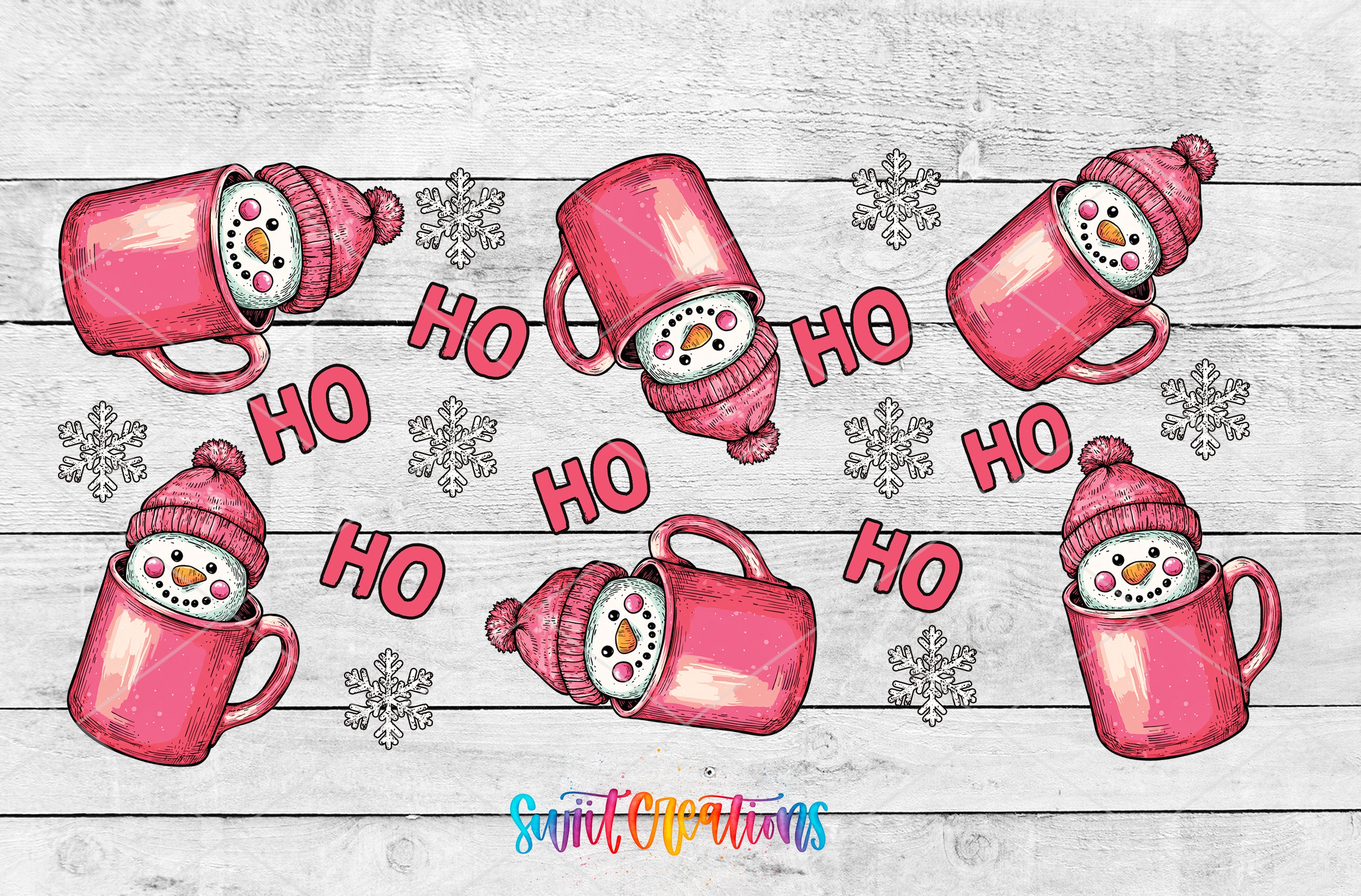 A collage of pink mugs with snowmen inside, surrounded by snowflakes and the text "HO HO HO" in a playful, festive style.