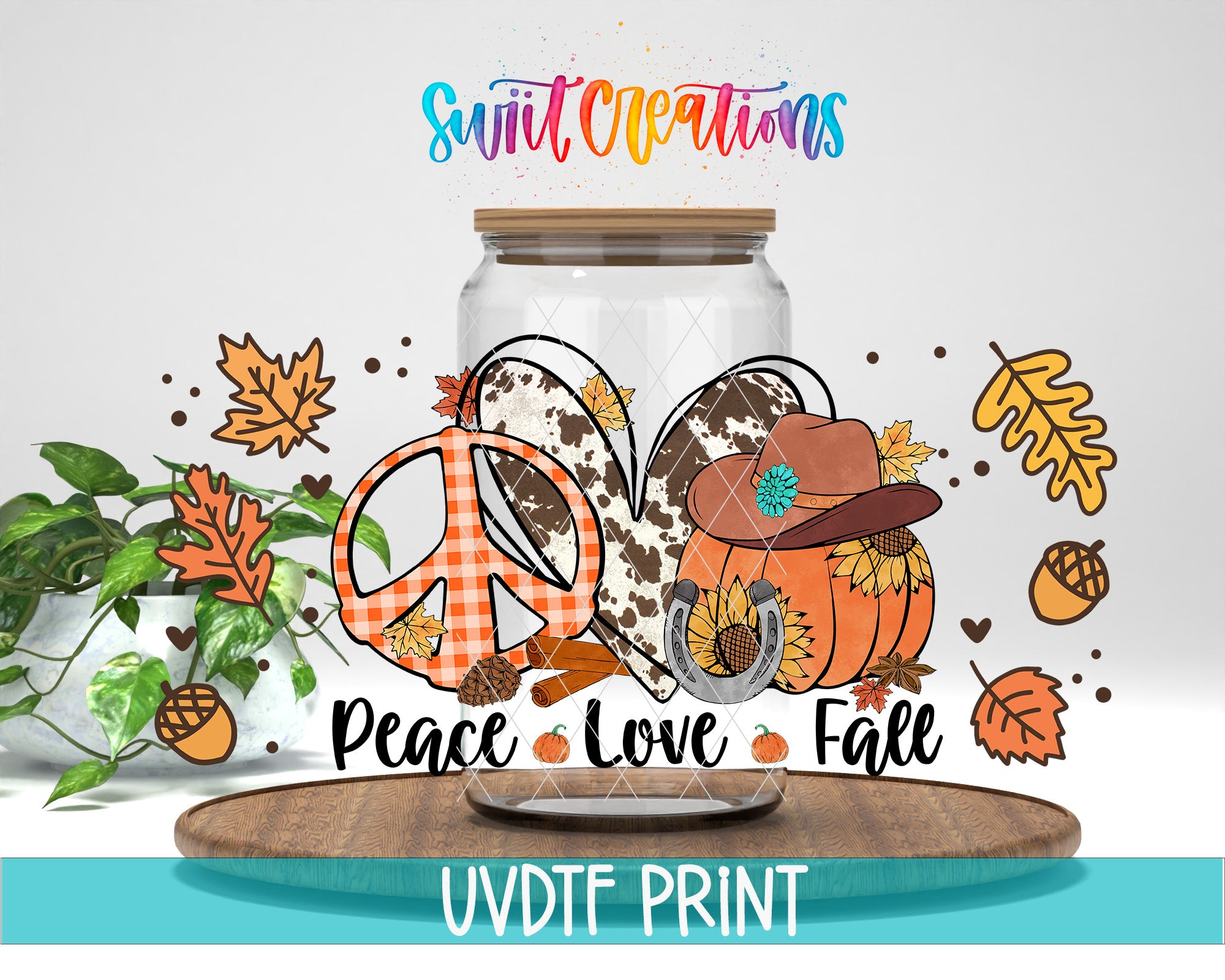 The image is a colorful illustration featuring a glass jar with a peace sign, autumn leaves, pumpkins, and acorns, along with the text "Peace Love Fall" and "Swift Creations" written above it.