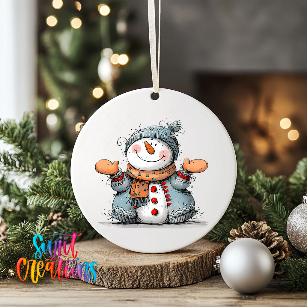 A white snowman ornament with a scarf and gloves is hanging on a string, surrounded by Christmas decorations and greenery.