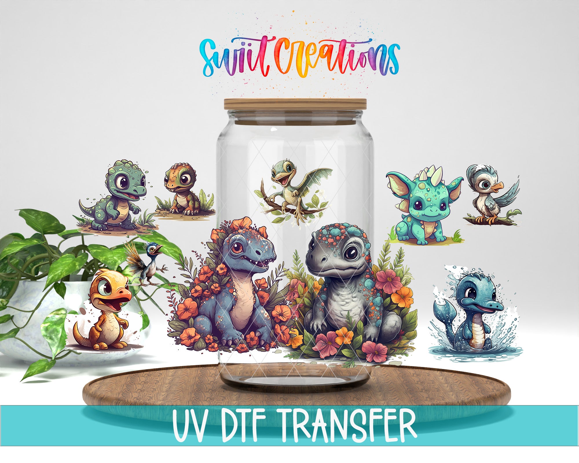 a glass jar containing various cartoon-style creatures, including a dragon, a bird, and a turtle, surrounded by flowers and plants. The jar is placed on a wooden surface, and there is a plant in the background. The image also includes text that reads "Swift Creations UV Dtf Transfer".
