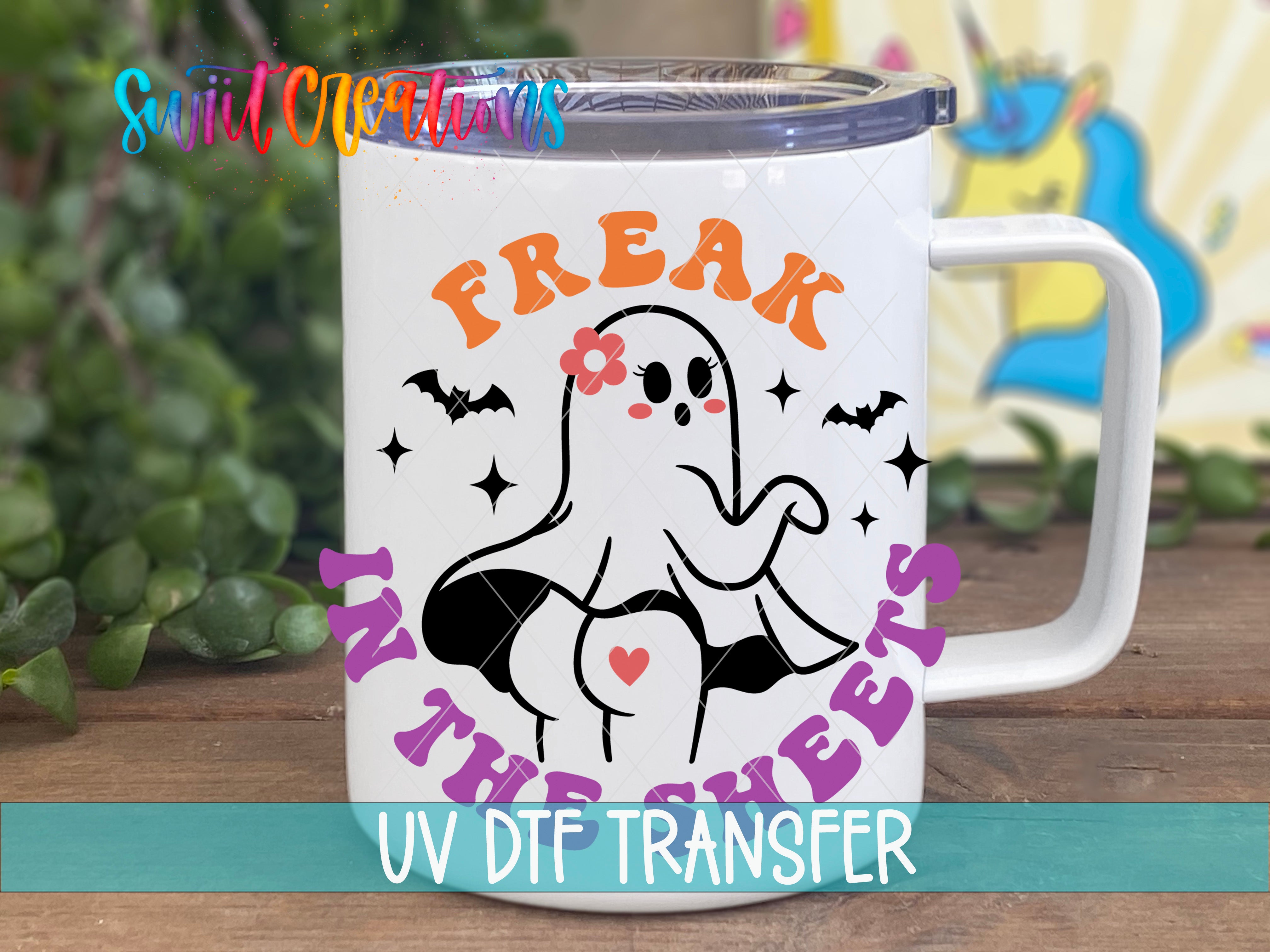 Swiit Creations UV DTF Freak In The Sheets Sassy Halloween transfer displayed on a white coffee mug