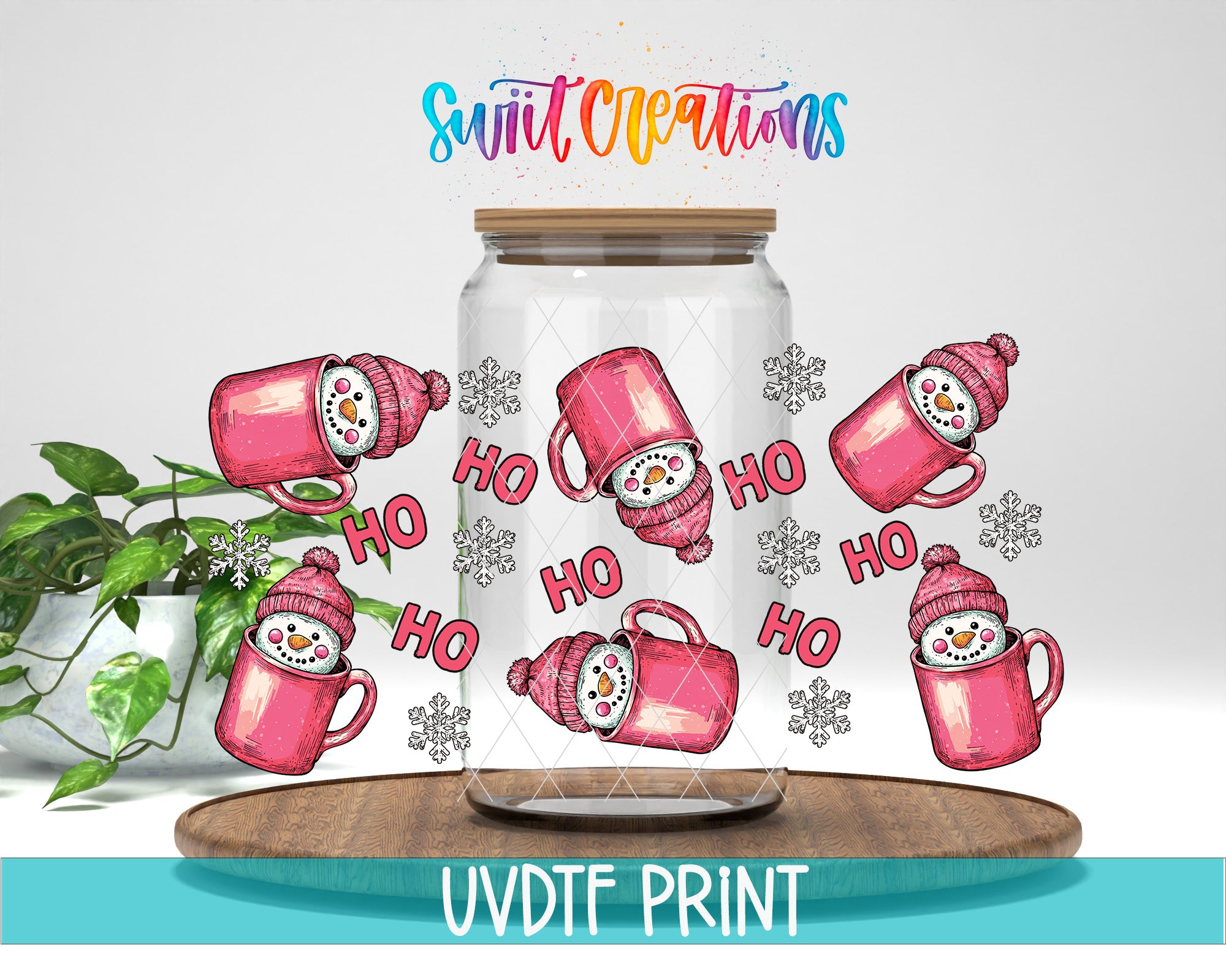 A glass jar filled with pink mugs featuring snowmen and snowflakes, along with the text "HOO HOO" written around the mugs.