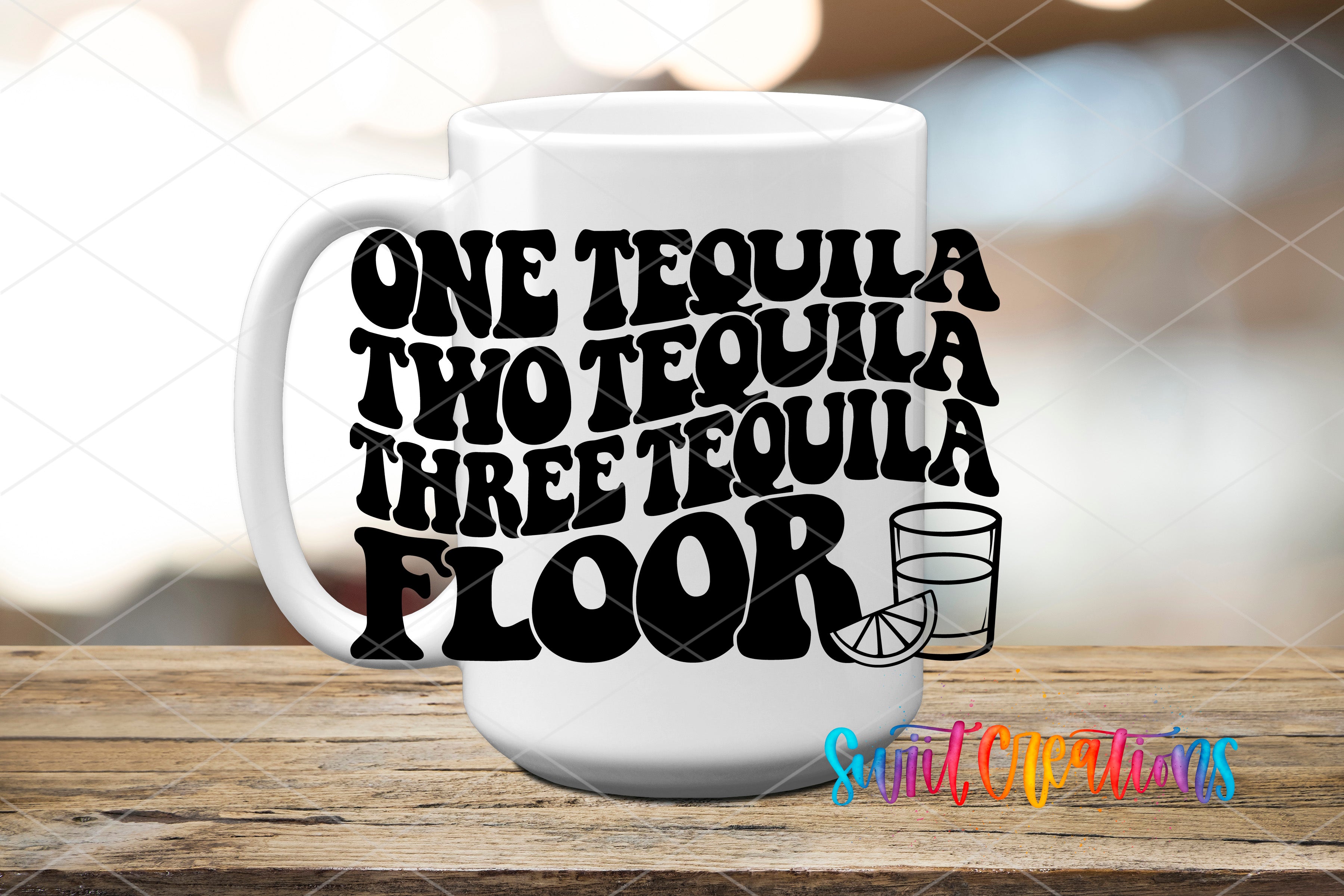 A white mug with the text "ONE TEQUILA TWO TEQUILA THREE TEQUILA FLOOR" printed on it, along with a graphic of a glass of tequila.