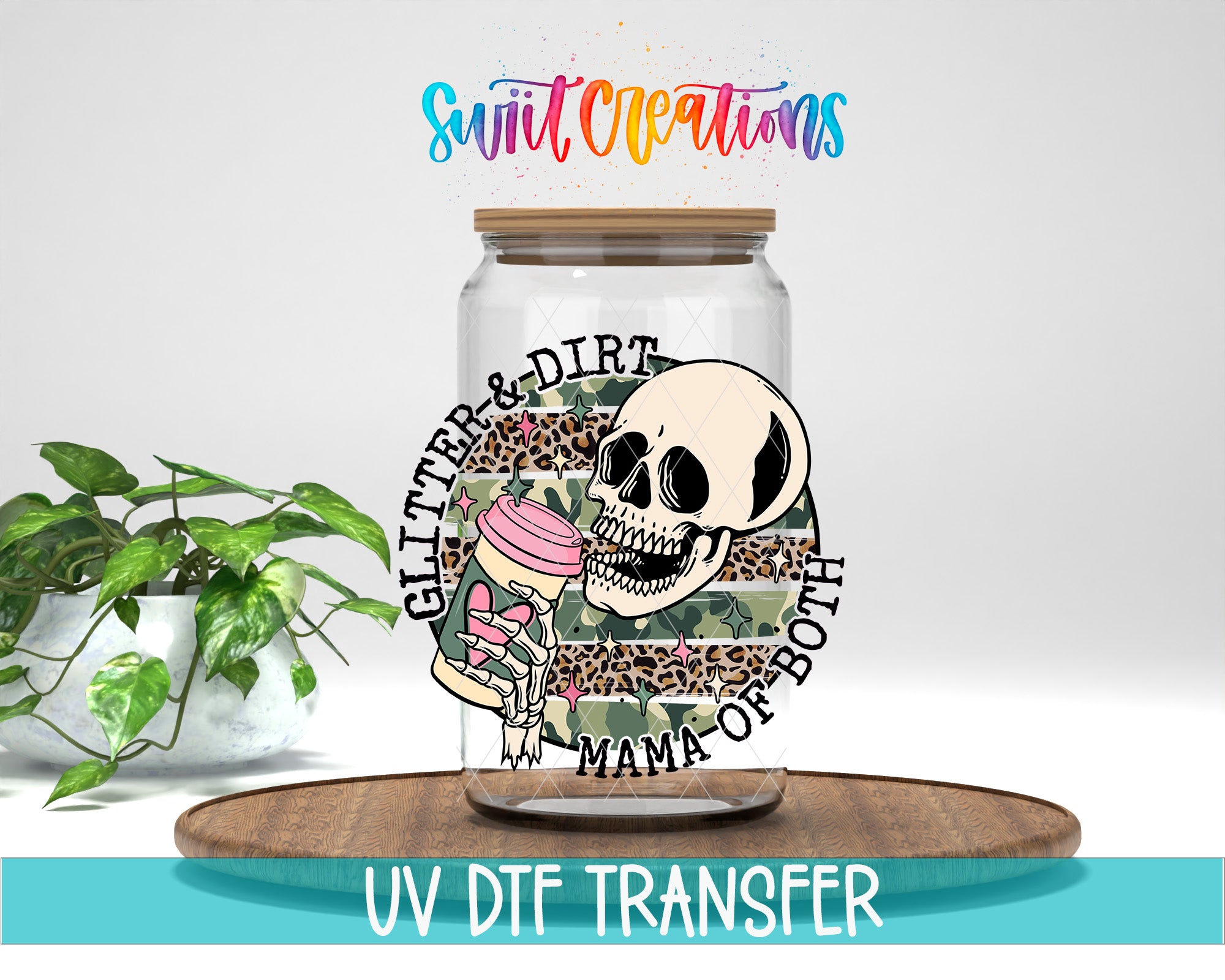 a glass jar with a skull and a pink cup, surrounded by a leopard print pattern. The jar is placed on a wooden surface, and there is a plant in the background.