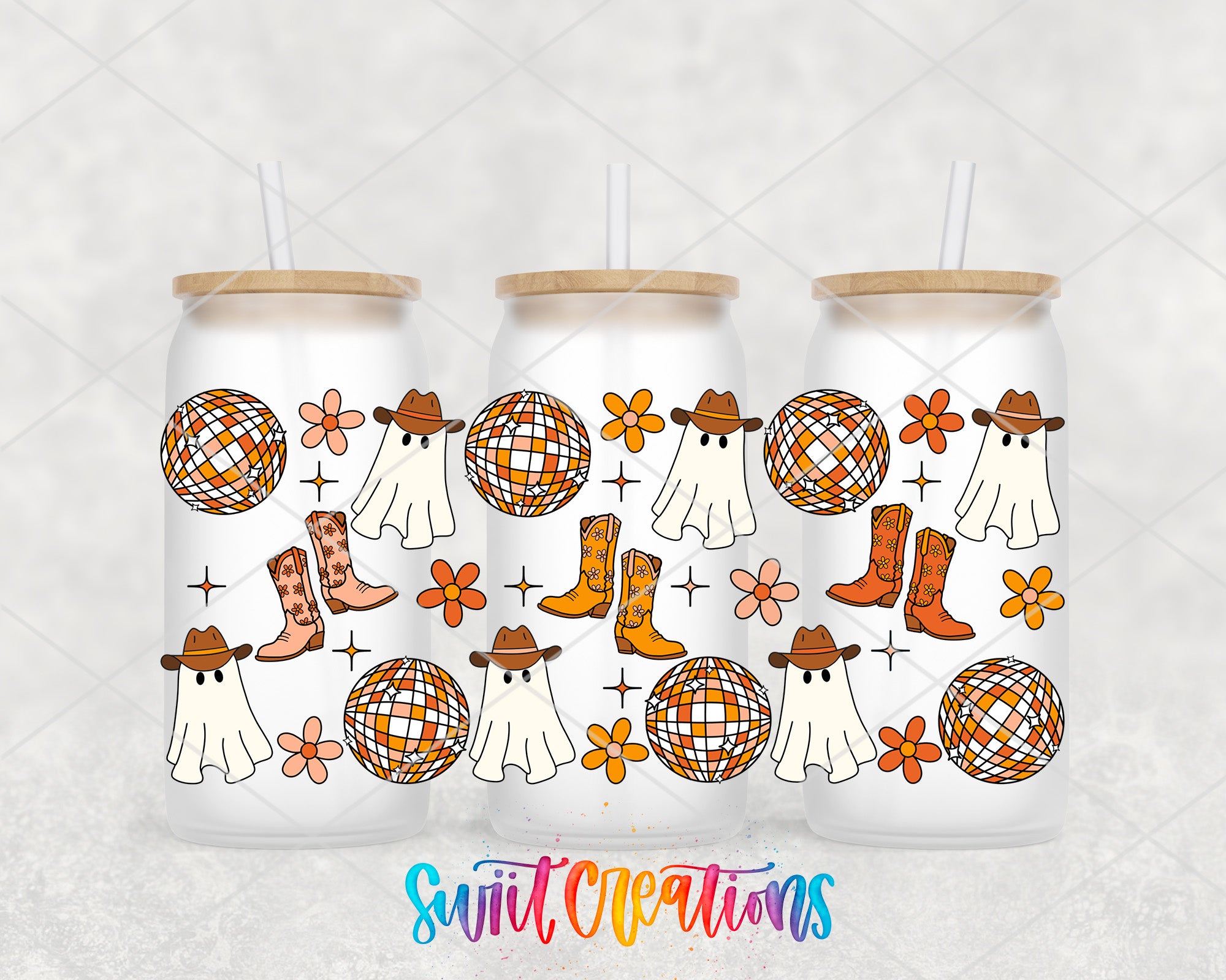 three glass tumblers with a Halloween-themed design on them. The design includes ghostly figures, disco balls, cowboy boots, and flowers.