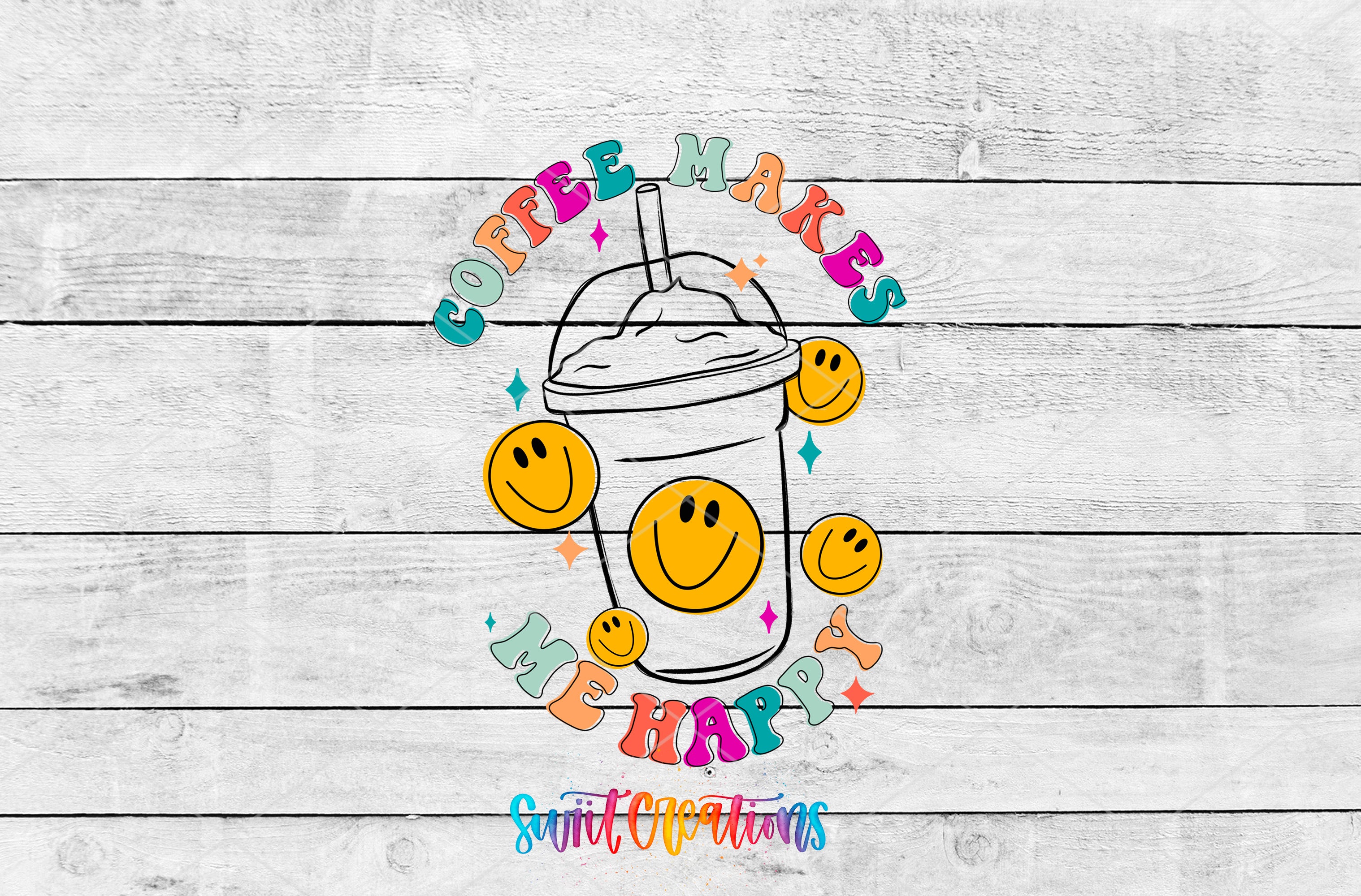 A colorful illustration of a coffee cup with smiley faces surrounding it, along with the text "COFFEE MAKES ME HAPPY" and "Swift Operations" written below.