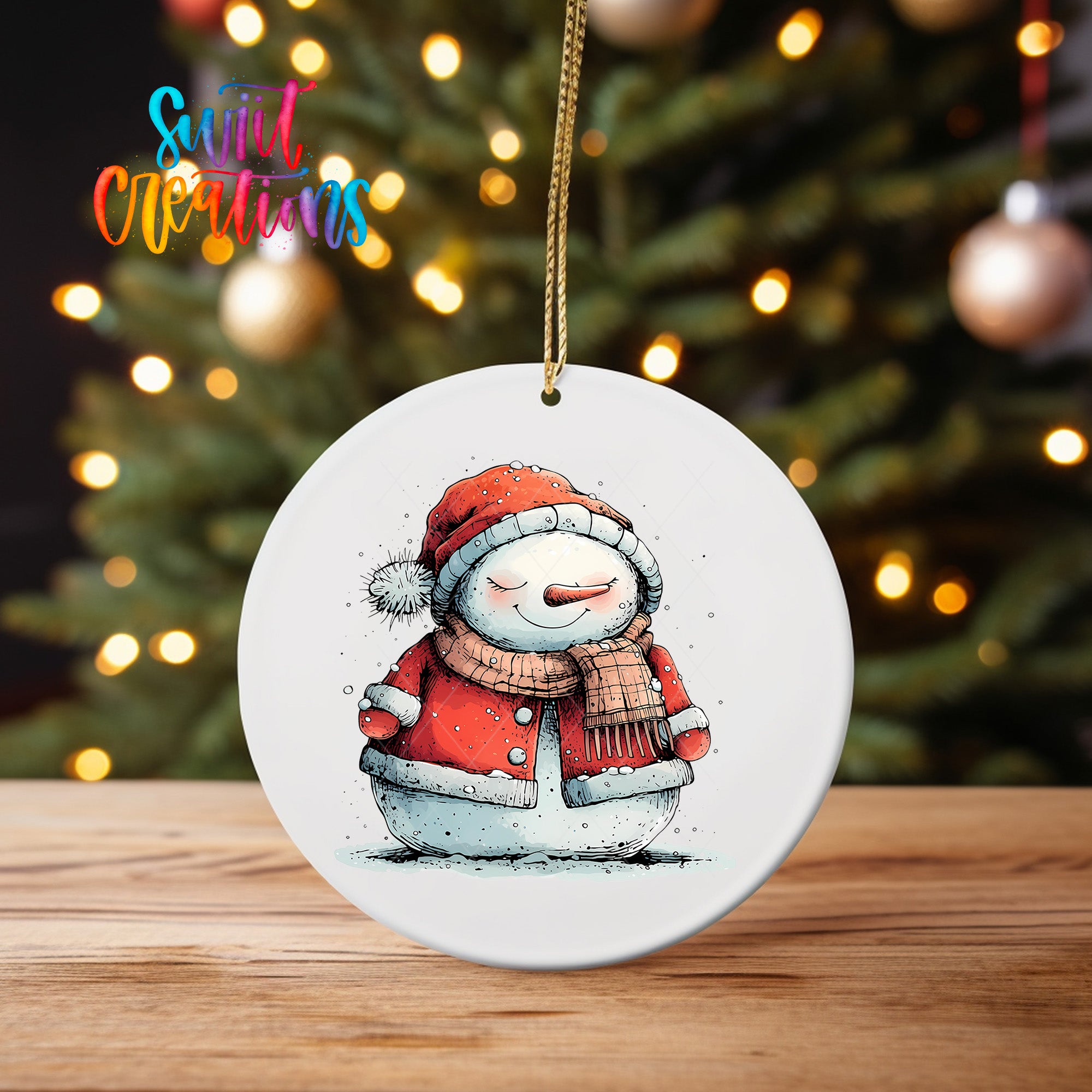 A white oval ornament featuring a snowman wearing a red coat and hat, with a scarf wrapped around its neck, is hanging from a string.