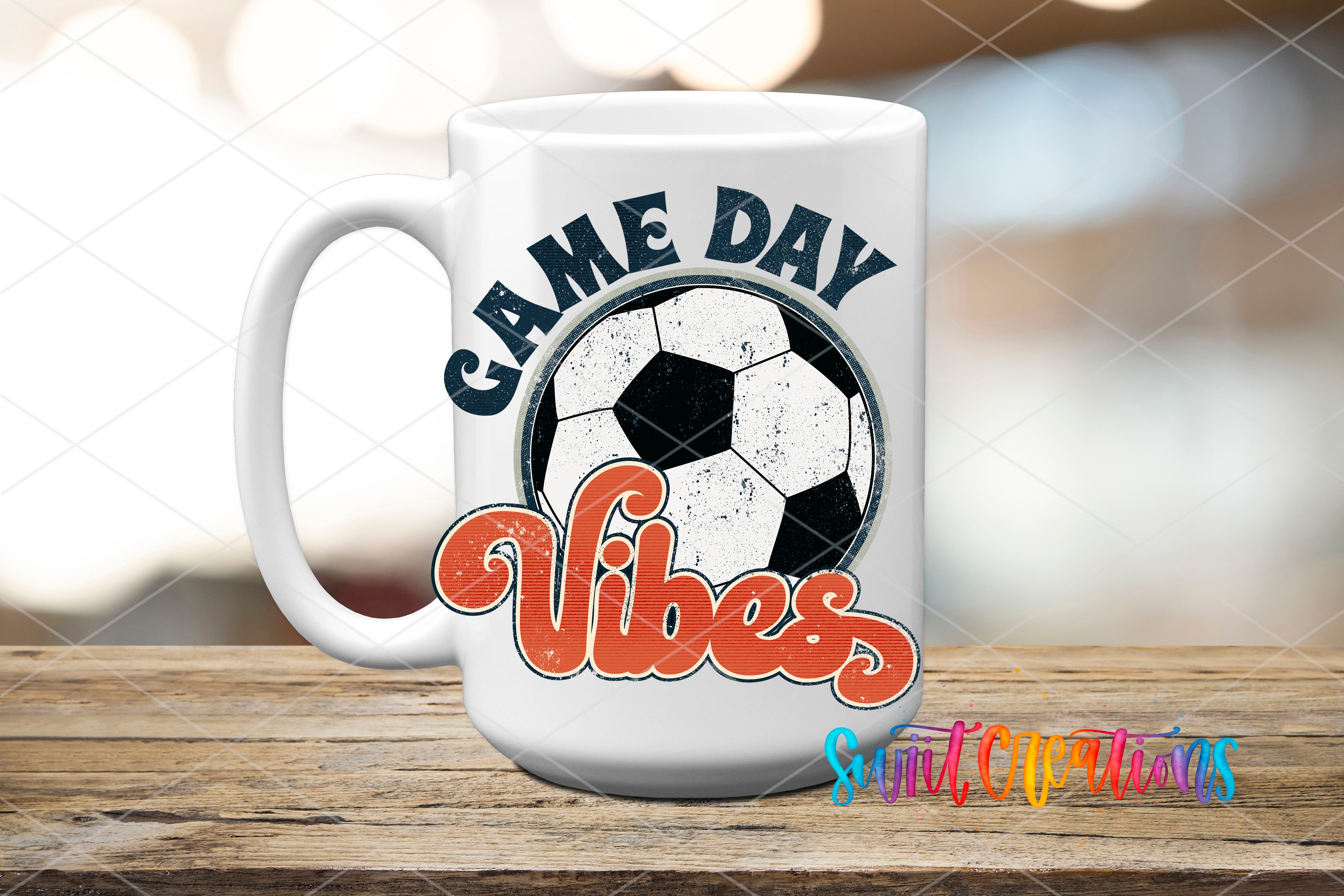 White ceramic mug mockup with the Swiit Creations Soccer Game Day Vibes UV DTF transfer