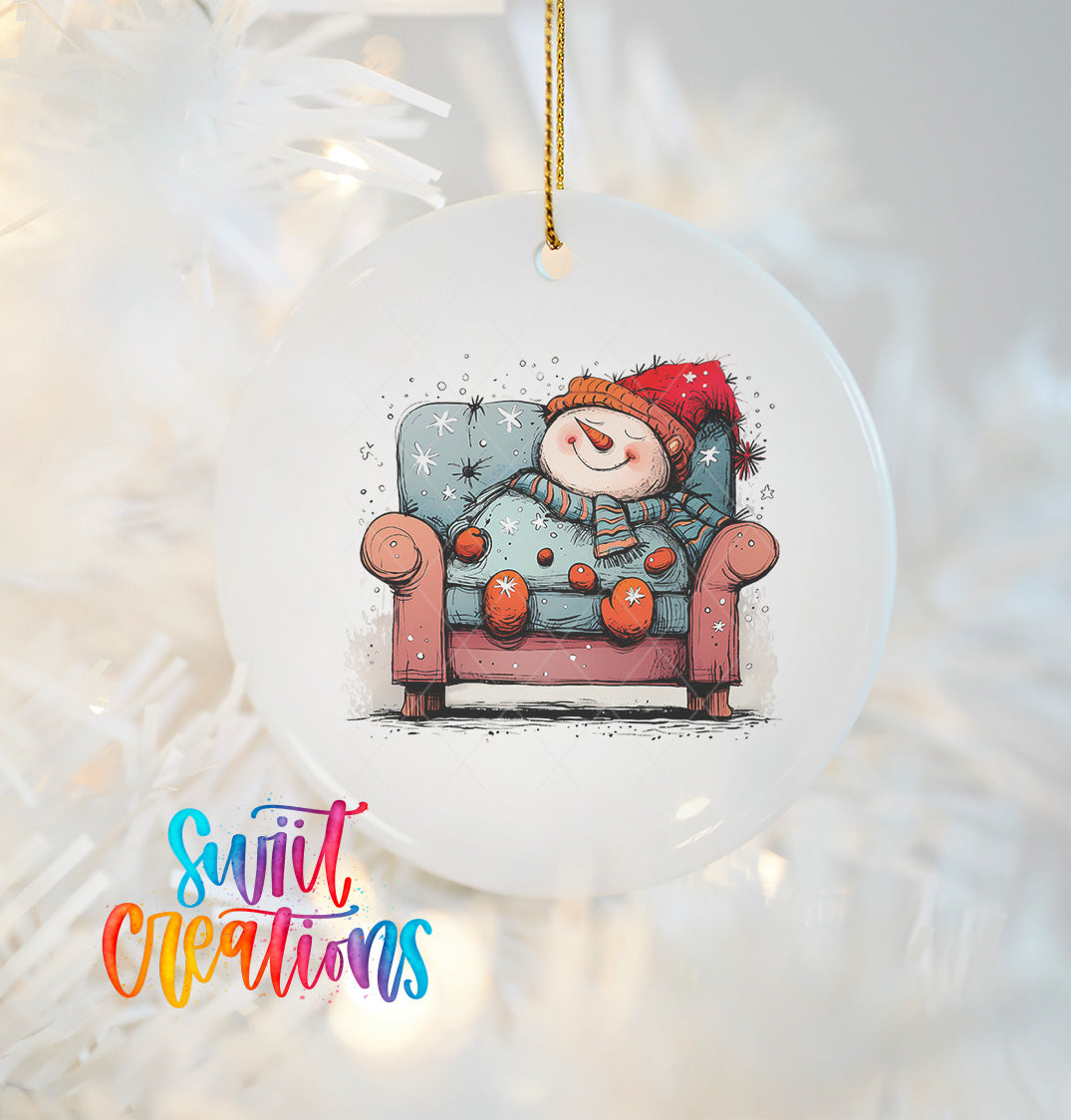 A snowman sitting in a chair, wearing a red hat and scarf, is the main focus of the image.