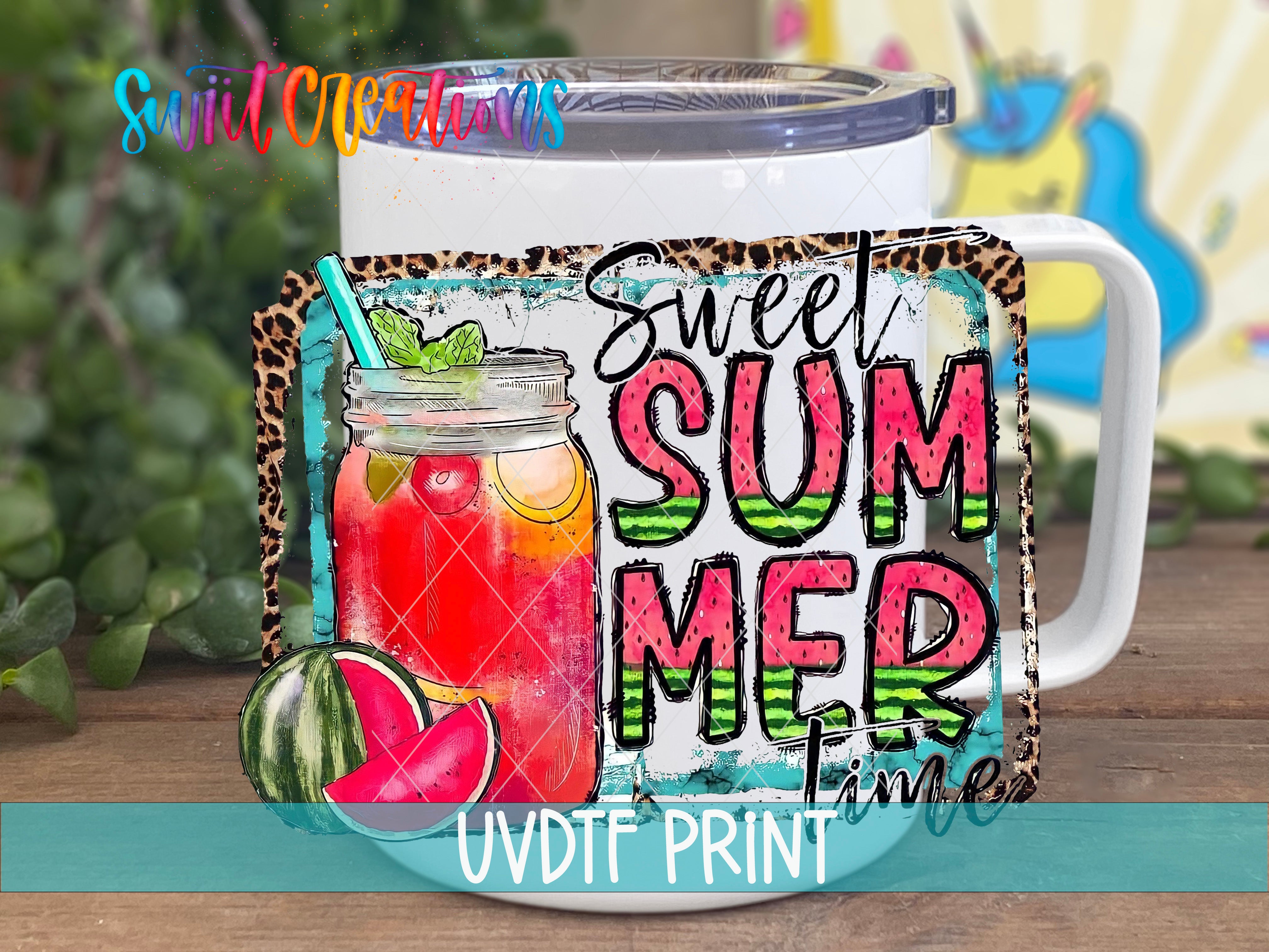 A mug with a colorful design featuring a mason jar filled with a refreshing drink, surrounded by watermelon slices and a leopard print border.