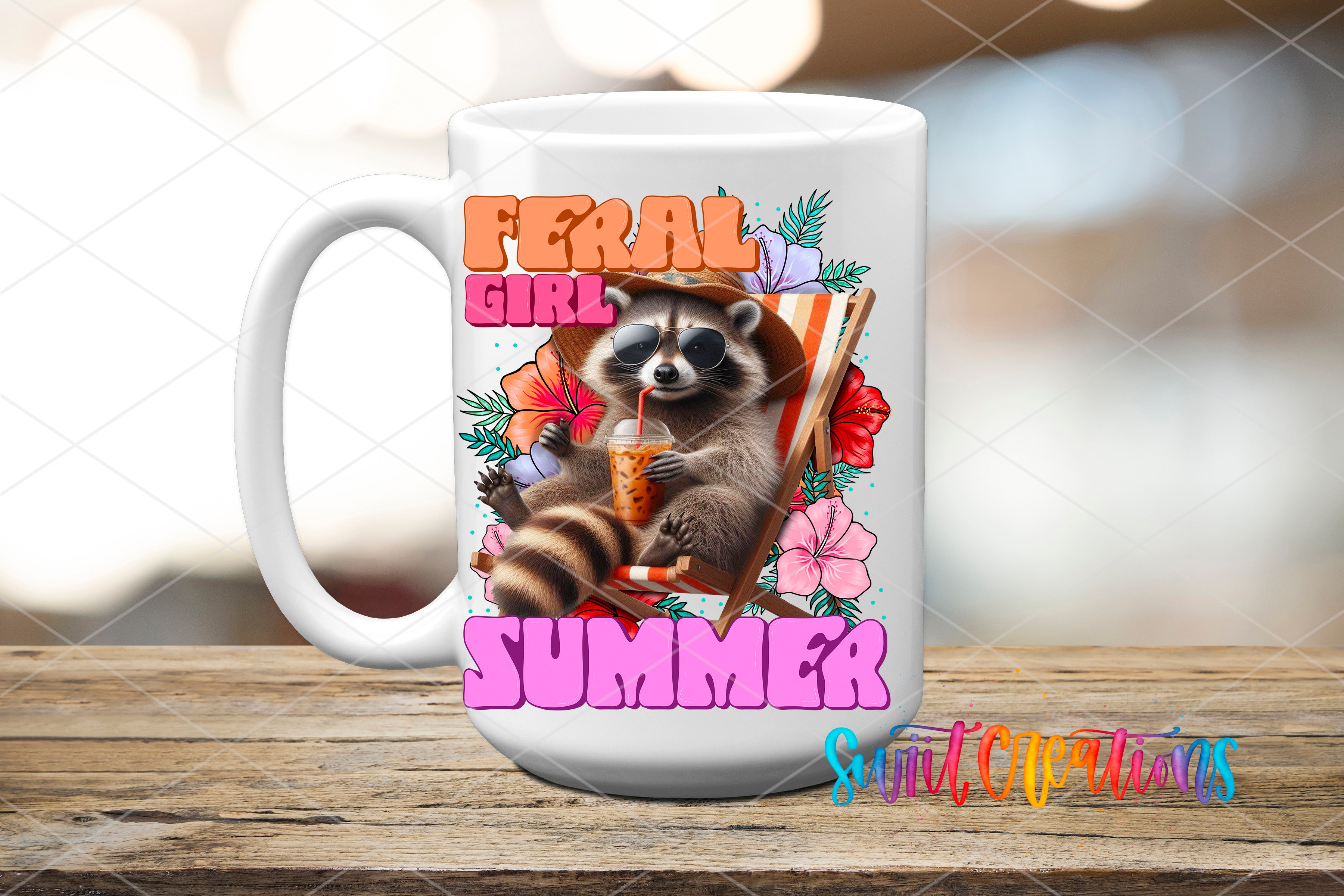 Swiit Creations UV DTF Feral Girl Summer transfer applied to a white ceramic mug