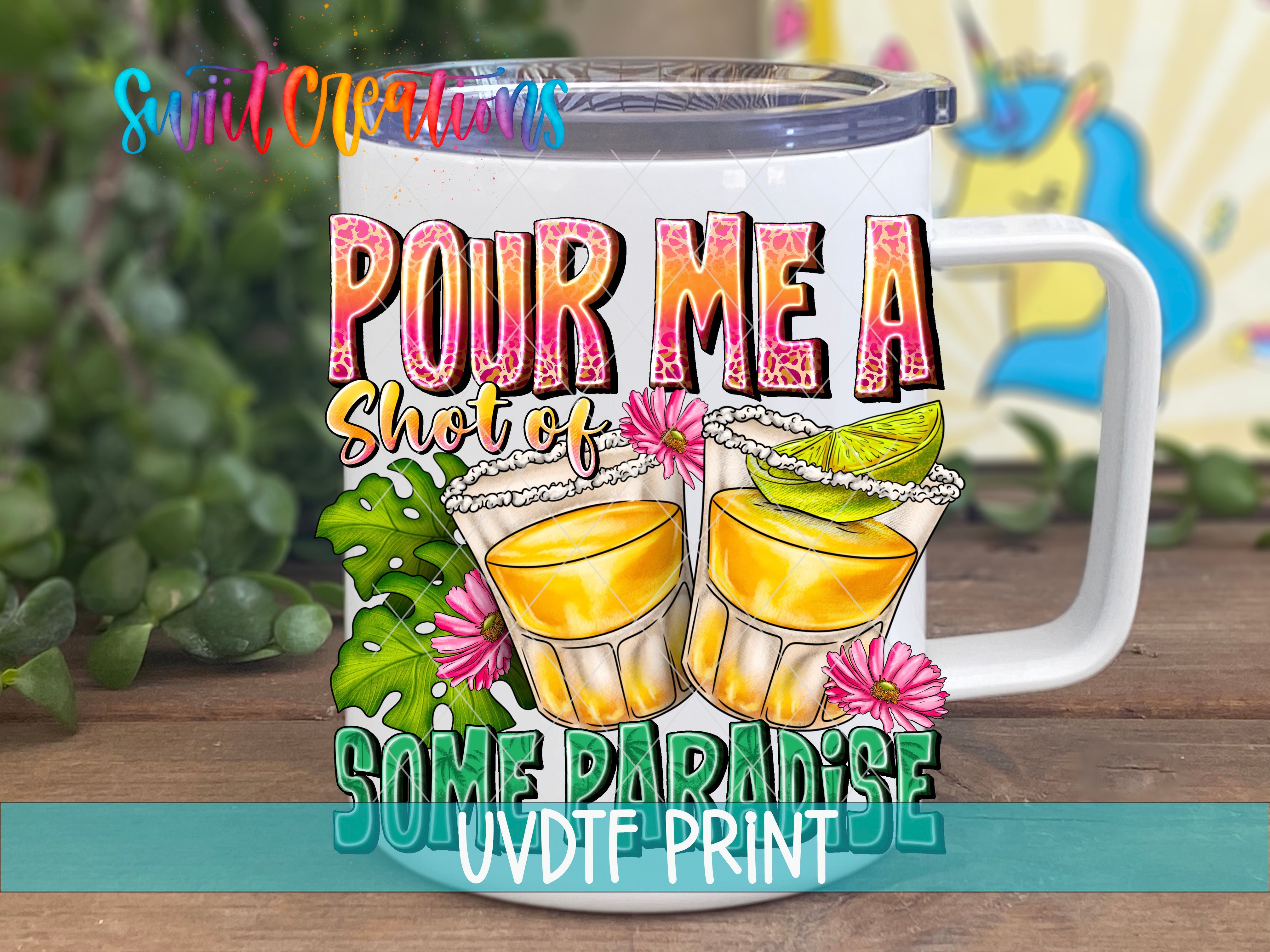 a white coffee mug with some drinks on it
