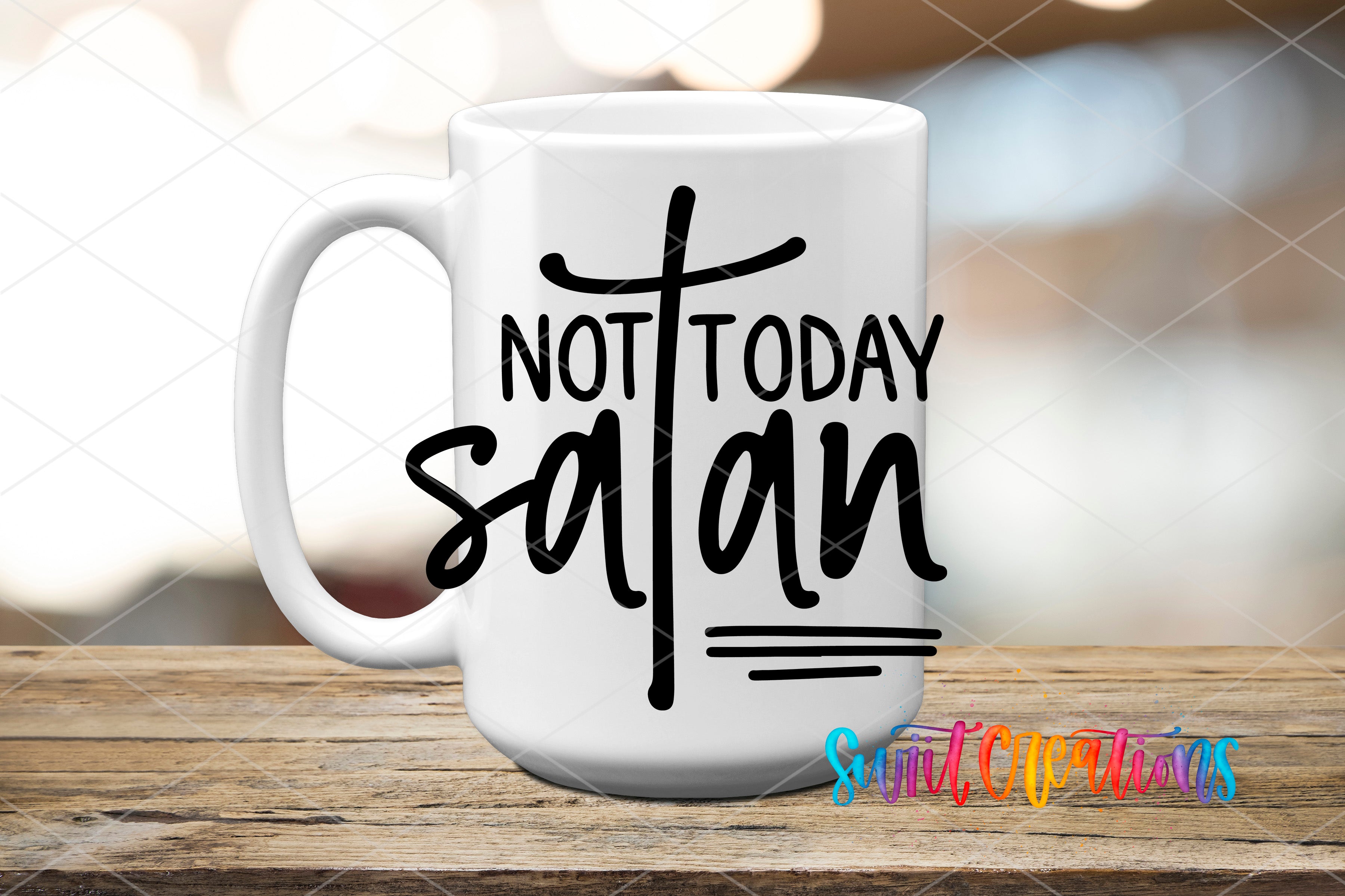 Swiit Creations UV DTF Not Today Satan transfer applied to a white ceramic mug
