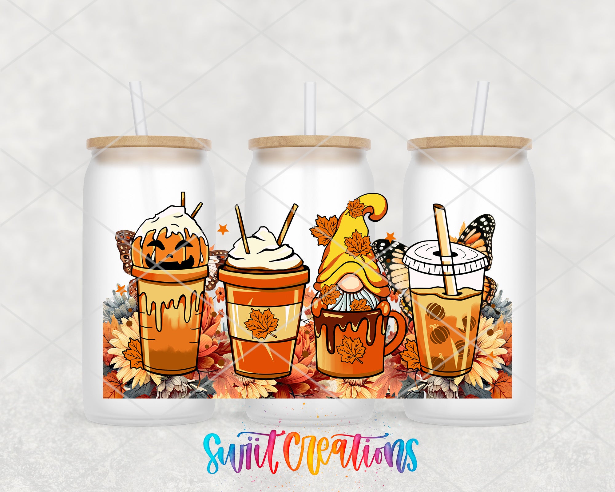 three colorful coffee cups with whimsical illustrations of a pumpkin, a gnome, and butterflies, set against a background of autumn leaves and flowers.