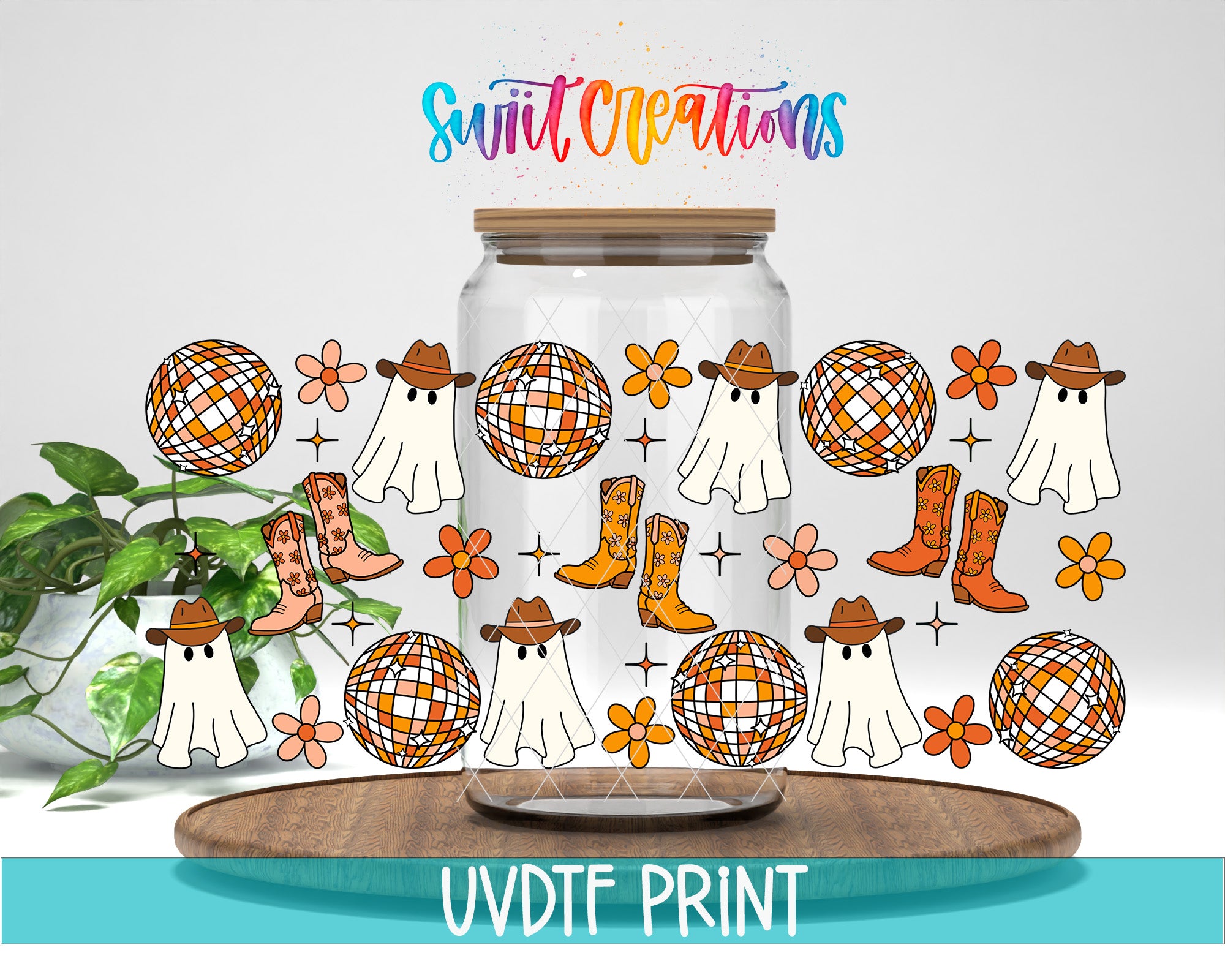 The image is a collage of various cartoon-style illustrations, including ghostly figures, disco balls, cowboy boots, and flowers, all set against a white background.