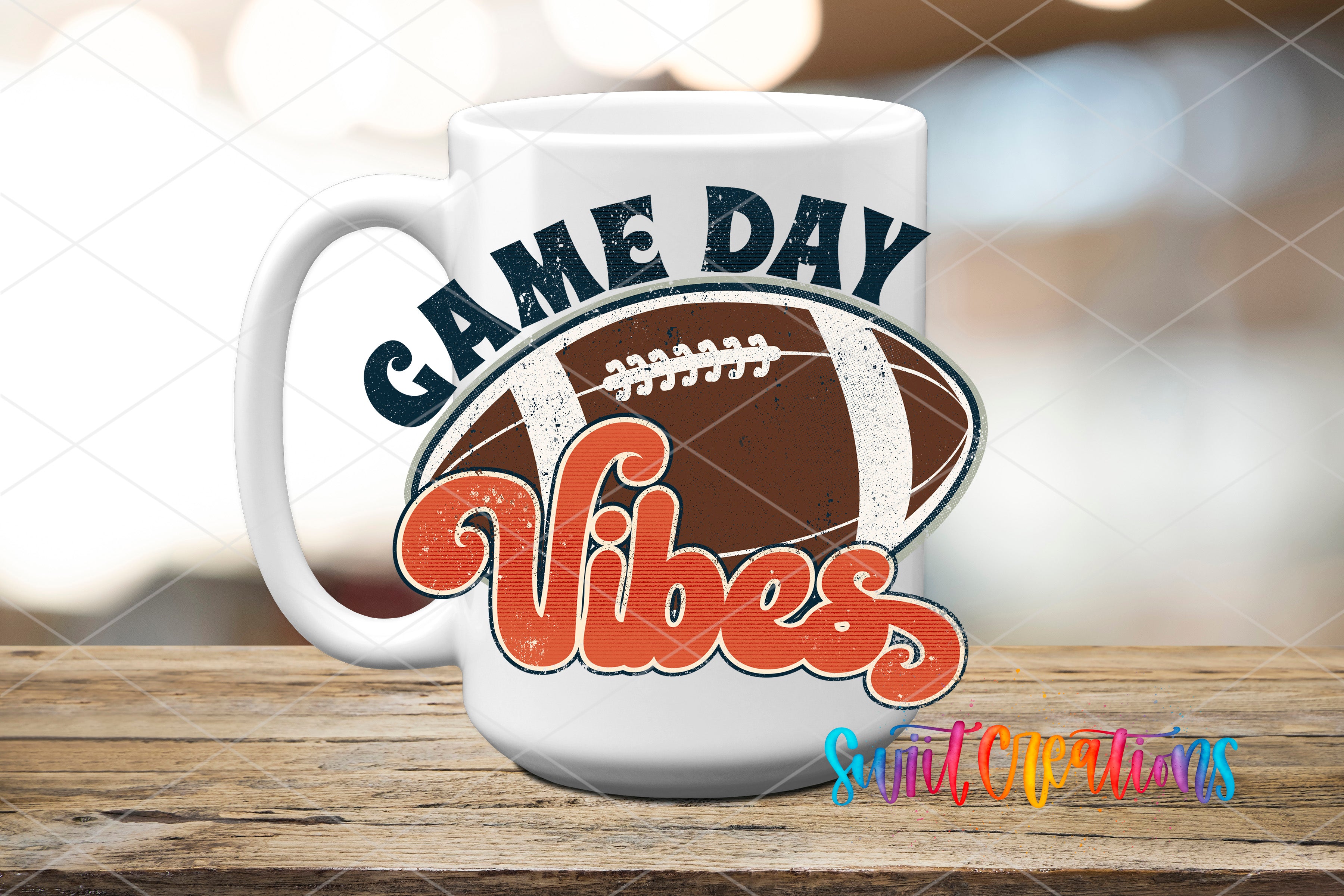 White ceramic mug mockup with the Swiit Creations Football Game Day Vibes UV DTF transfer