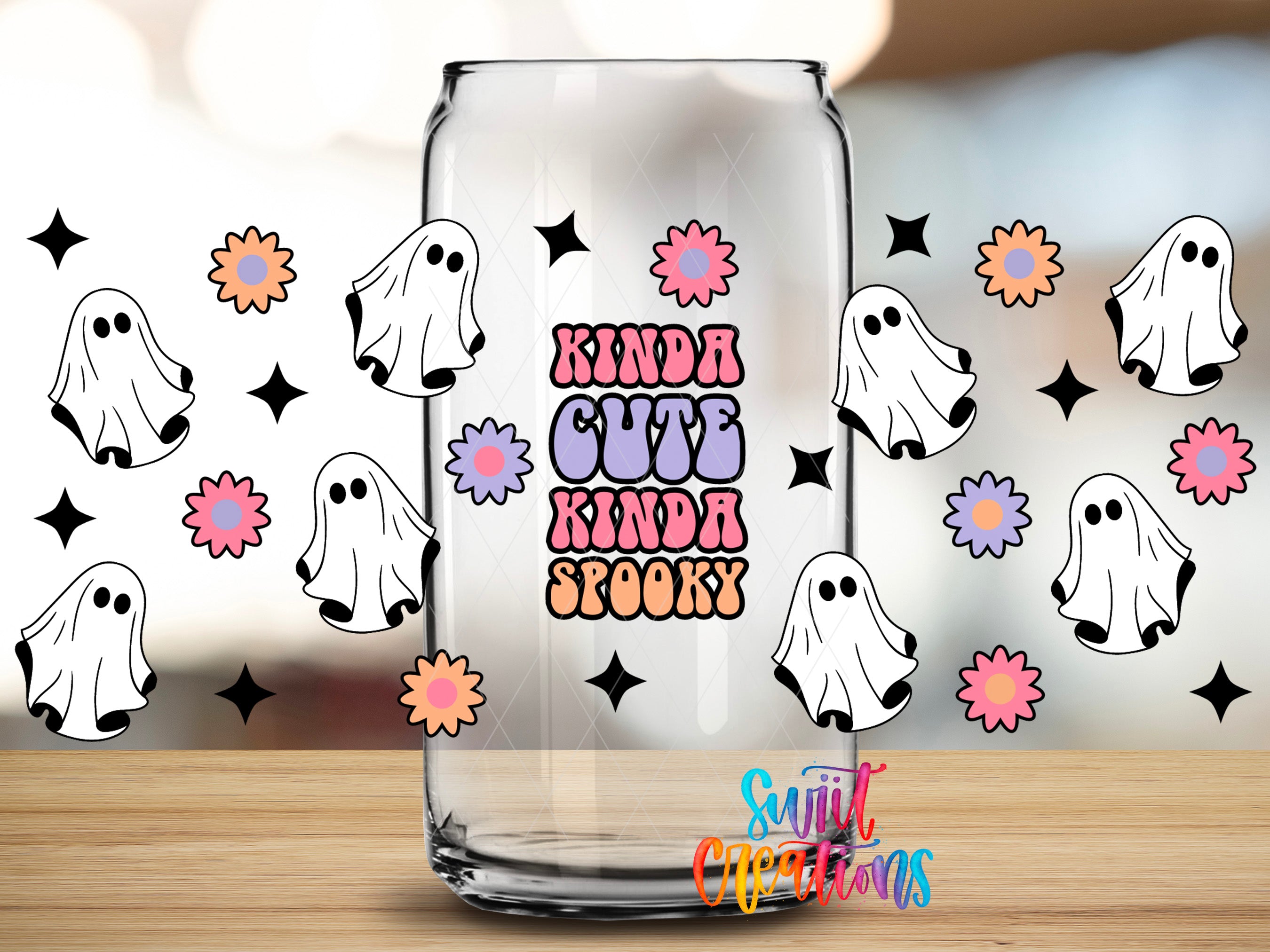 a clear glass can with a sticker on it, surrounded by various ghost-like illustrations and colorful flowers.