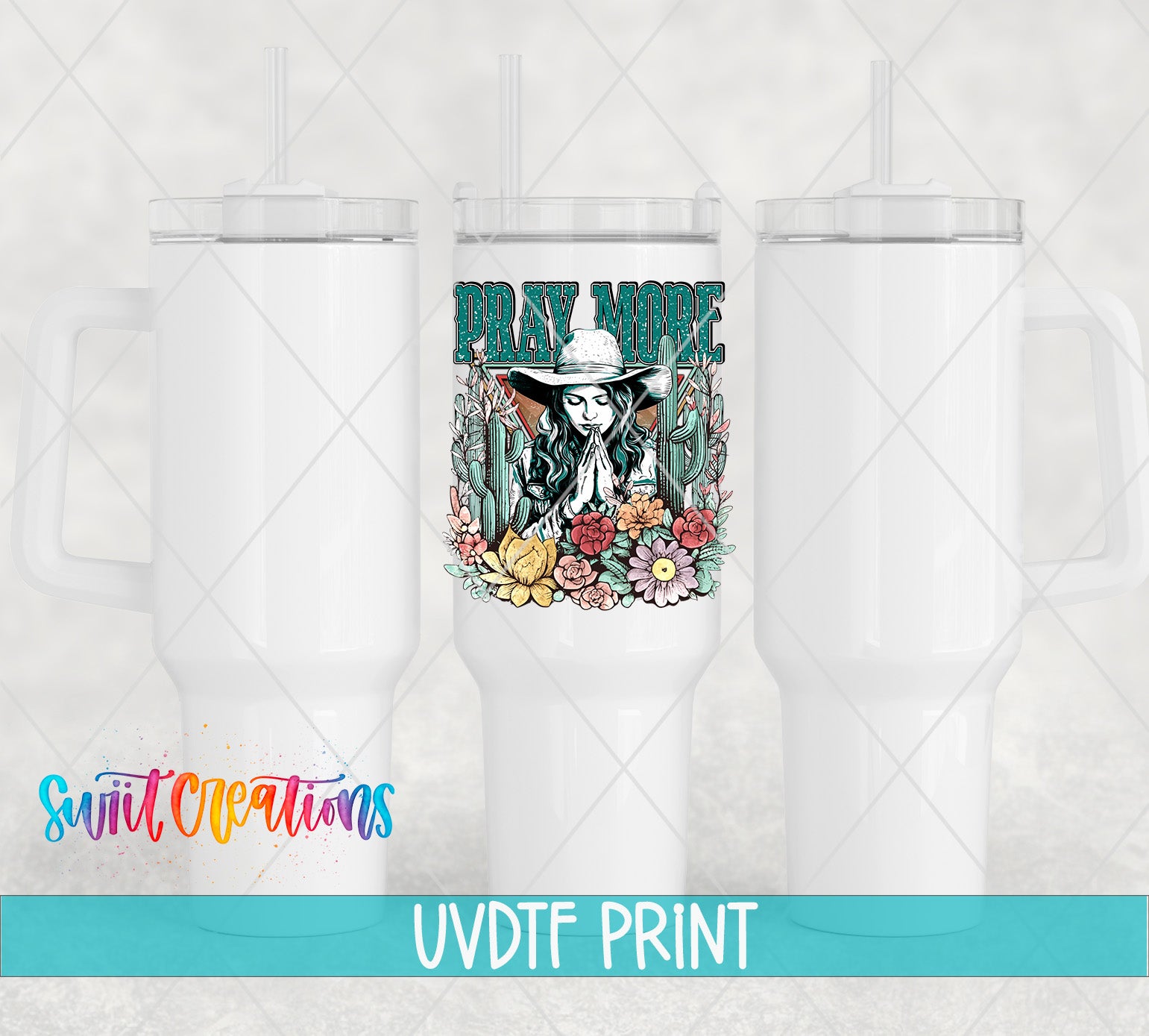 three white tumblers with a colorful graphic design on them, including a woman wearing a cowboy hat and surrounded by flowers and cacti.