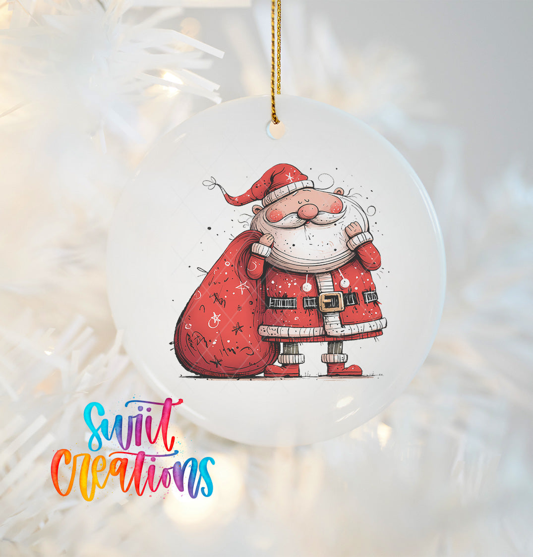 A white ornament featuring a cartoon illustration of Santa Claus holding a sack of presents.