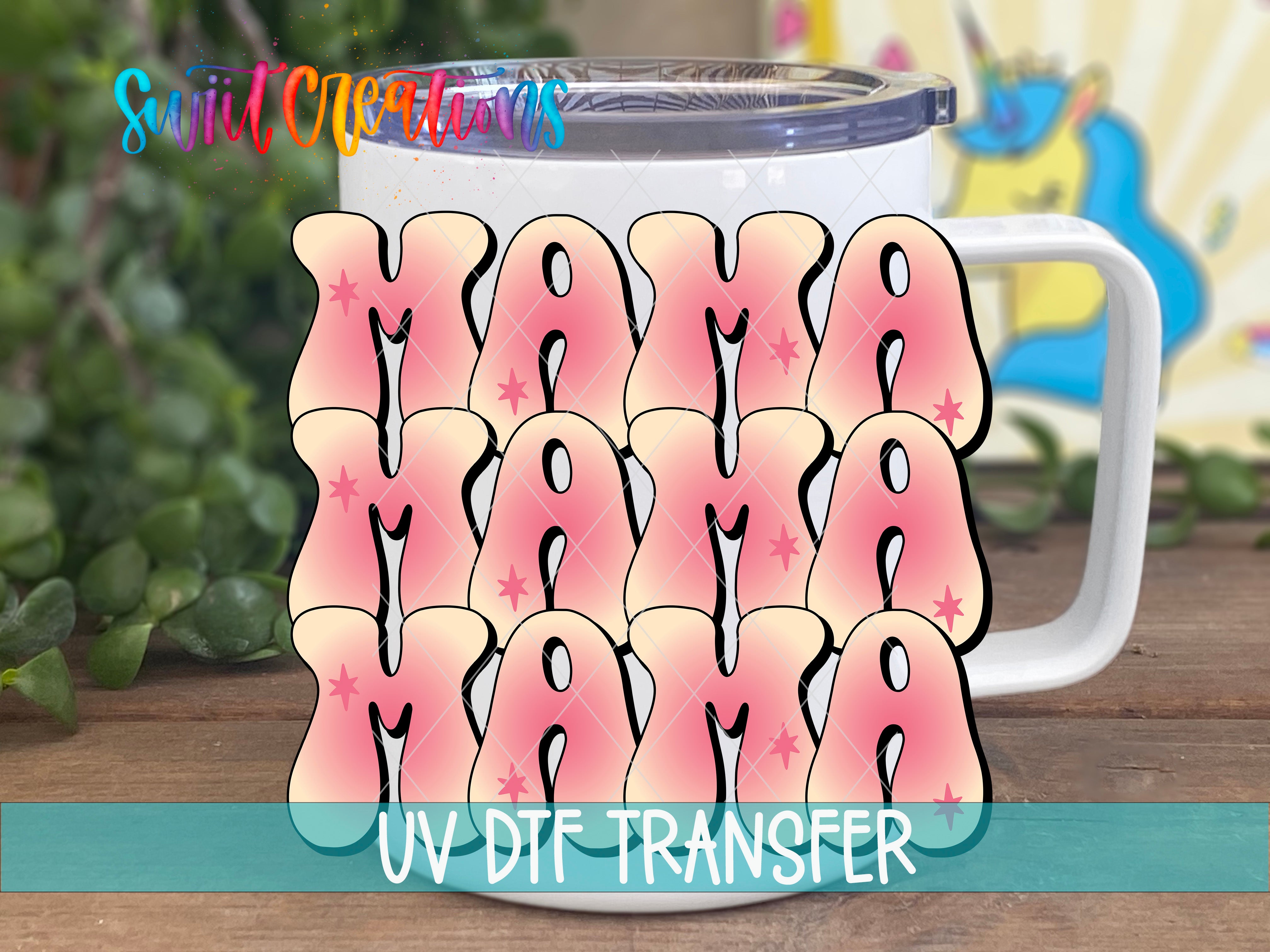 Swiit Creations UV DTF Pink Mama Retro Pink transfer displayed on a white coffee mug