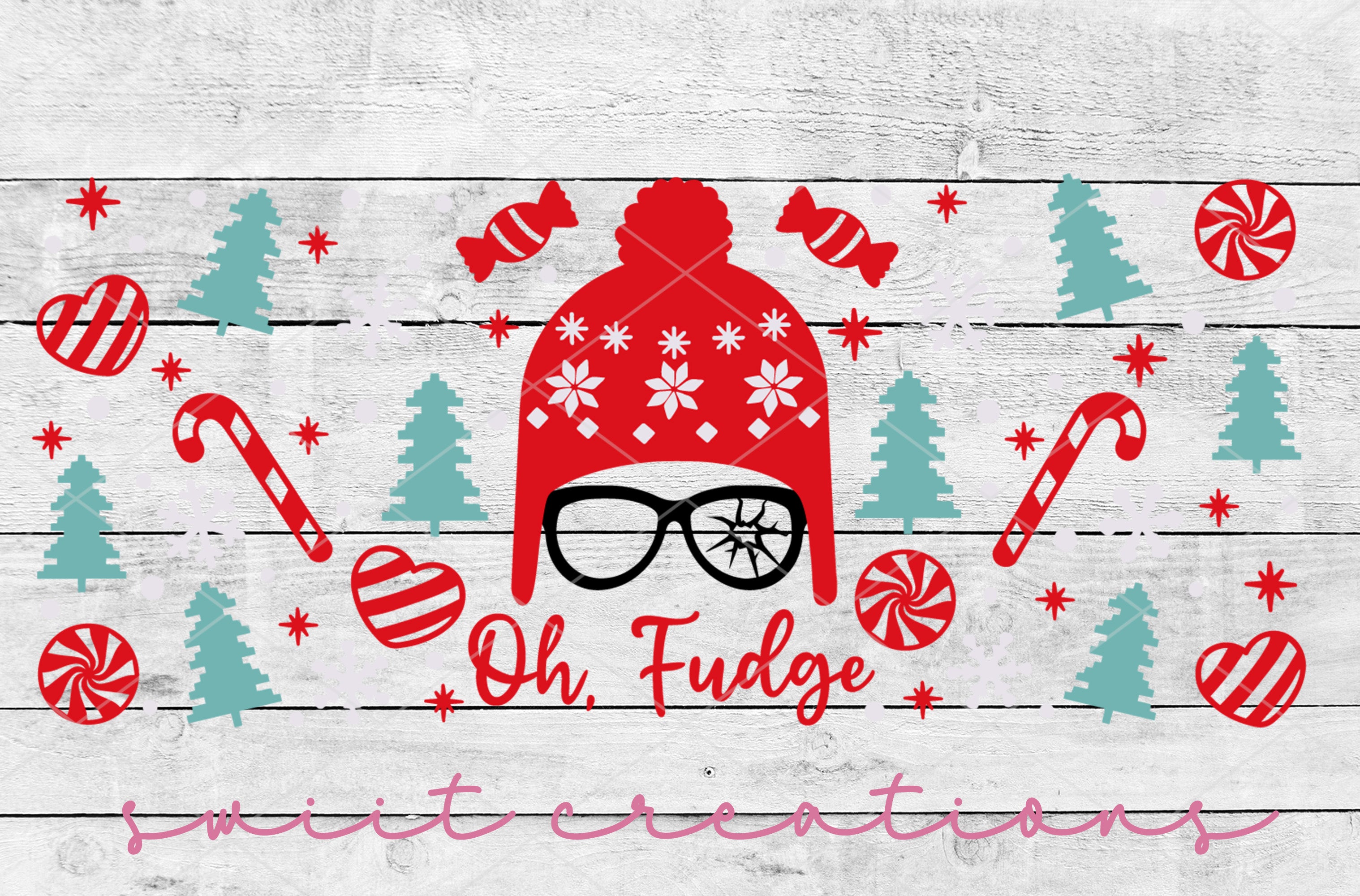 a red hat, glasses, and candy canes on a wooden background