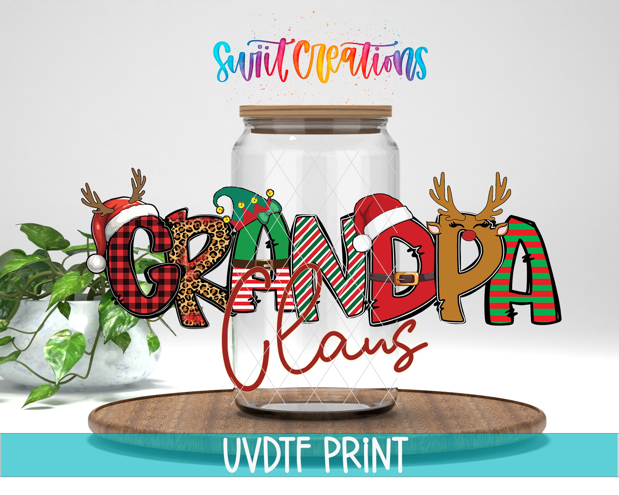 a glass jar filled with christmas decorations sitting on top of a wooden table