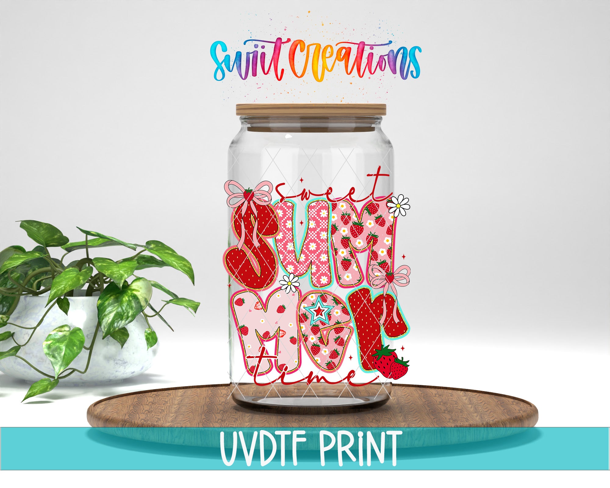 A glass jar with a lid, decorated with colorful text and illustrations, placed on a wooden surface.