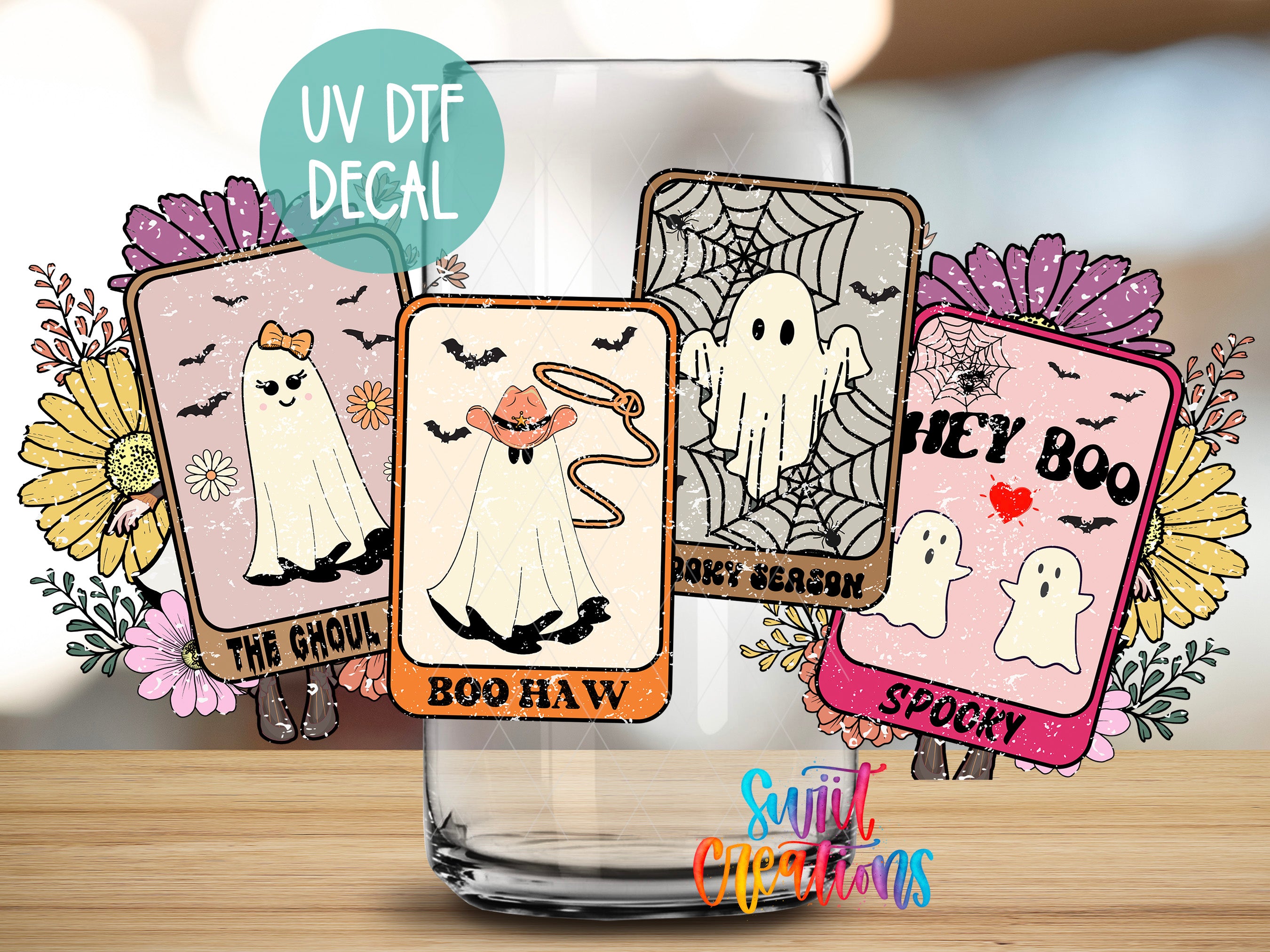 a collection of Halloween-themed stickers, including a ghost with a bow, a ghost with a lasso, and a ghost with a heart. The stickers are arranged on a glass surface, and there is a text overlay that reads "UV Dtf DECAL".