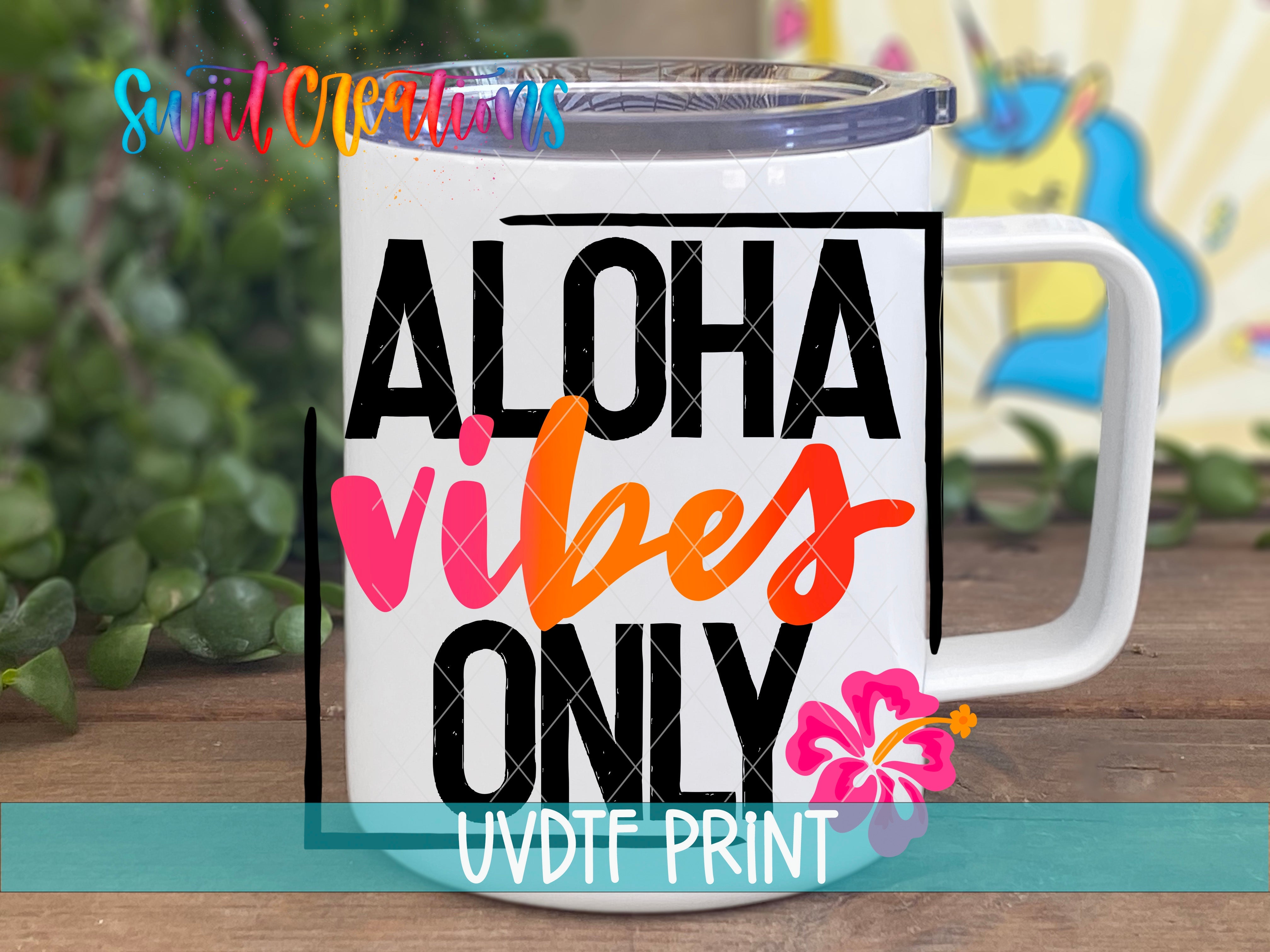 a white coffee mug with the words aloh vibes only on it