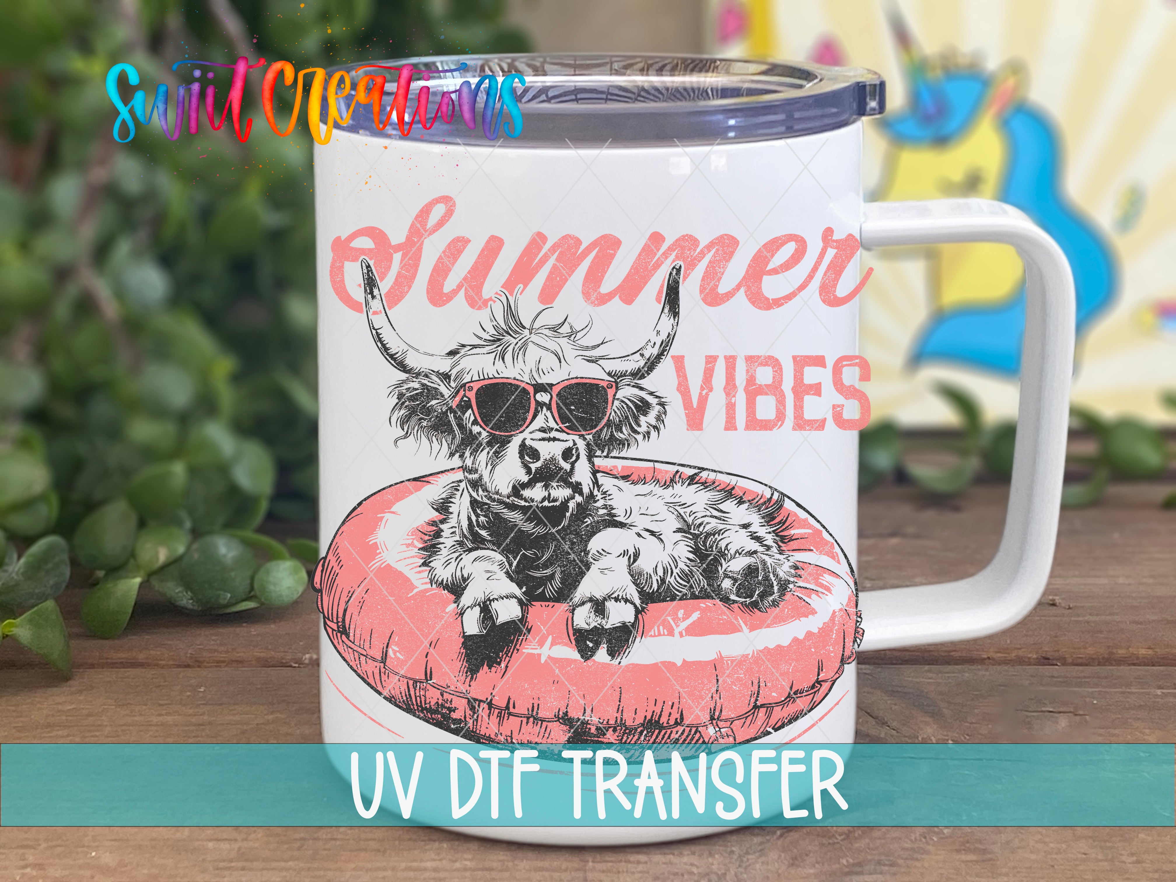 Swiit Creations UV DTF Summer Vibes Highland Cow transfer displayed on a white coffee mug