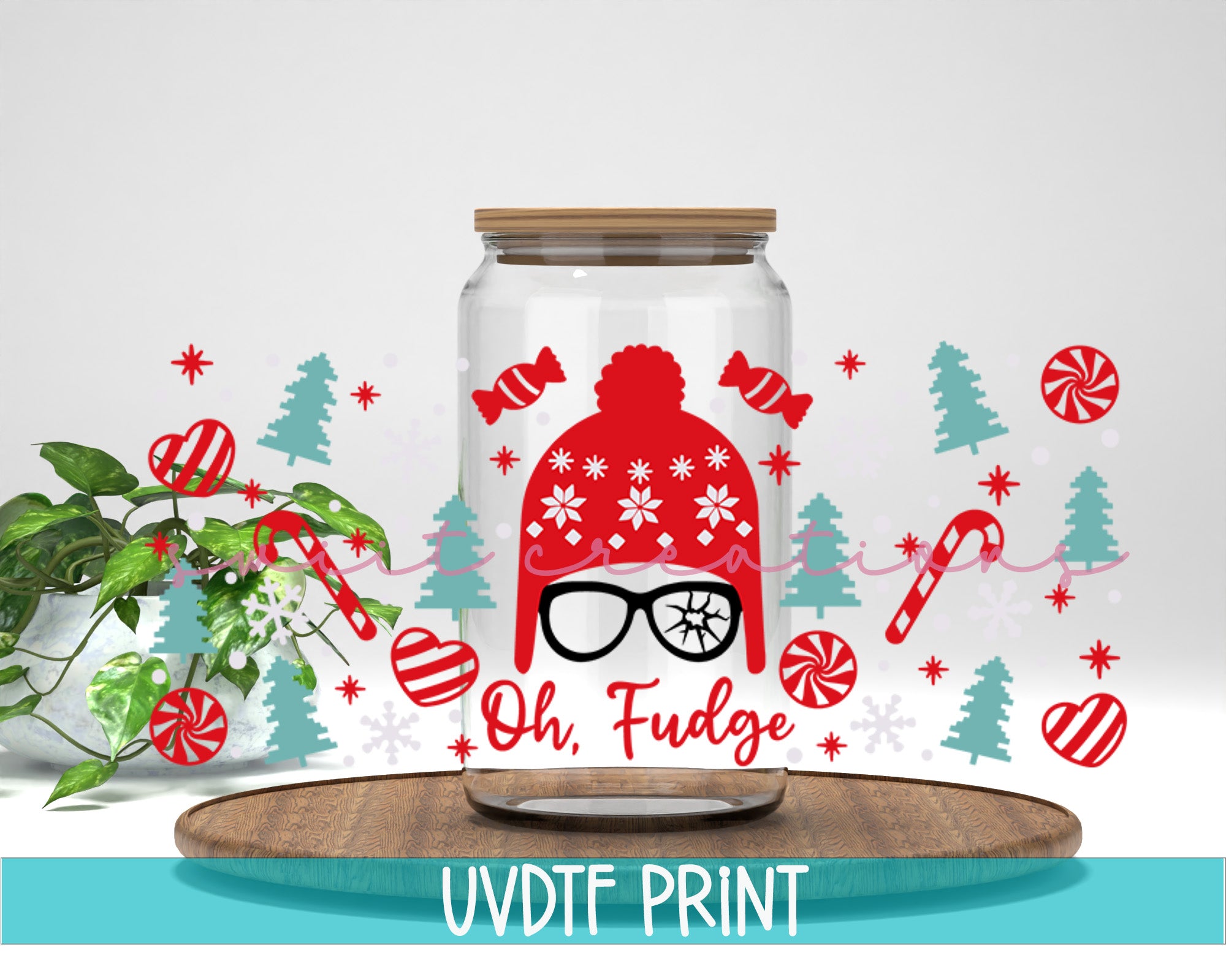 a glass jar with a red hat and glasses on it
