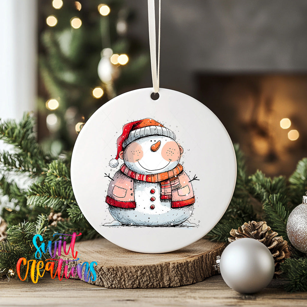 A white snowman ornament with a red scarf and hat is displayed on a wooden surface, surrounded by Christmas decorations and greenery.