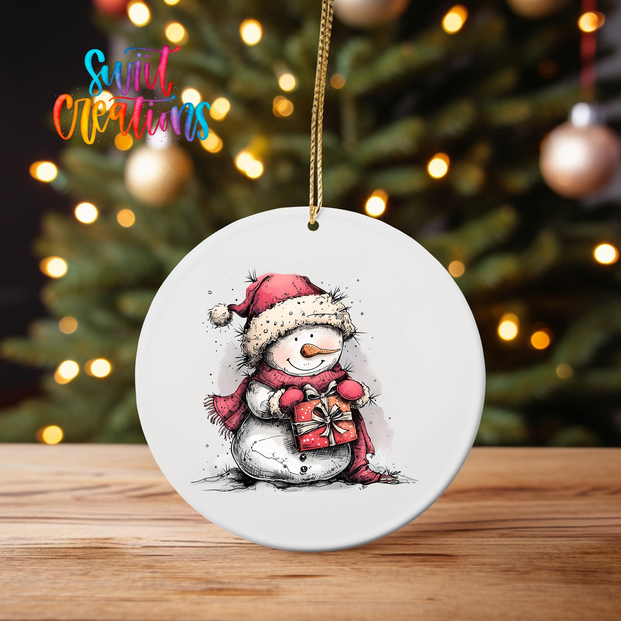 A white ceramic ornament featuring a snowman holding a gift, with a colorful background of Christmas lights.