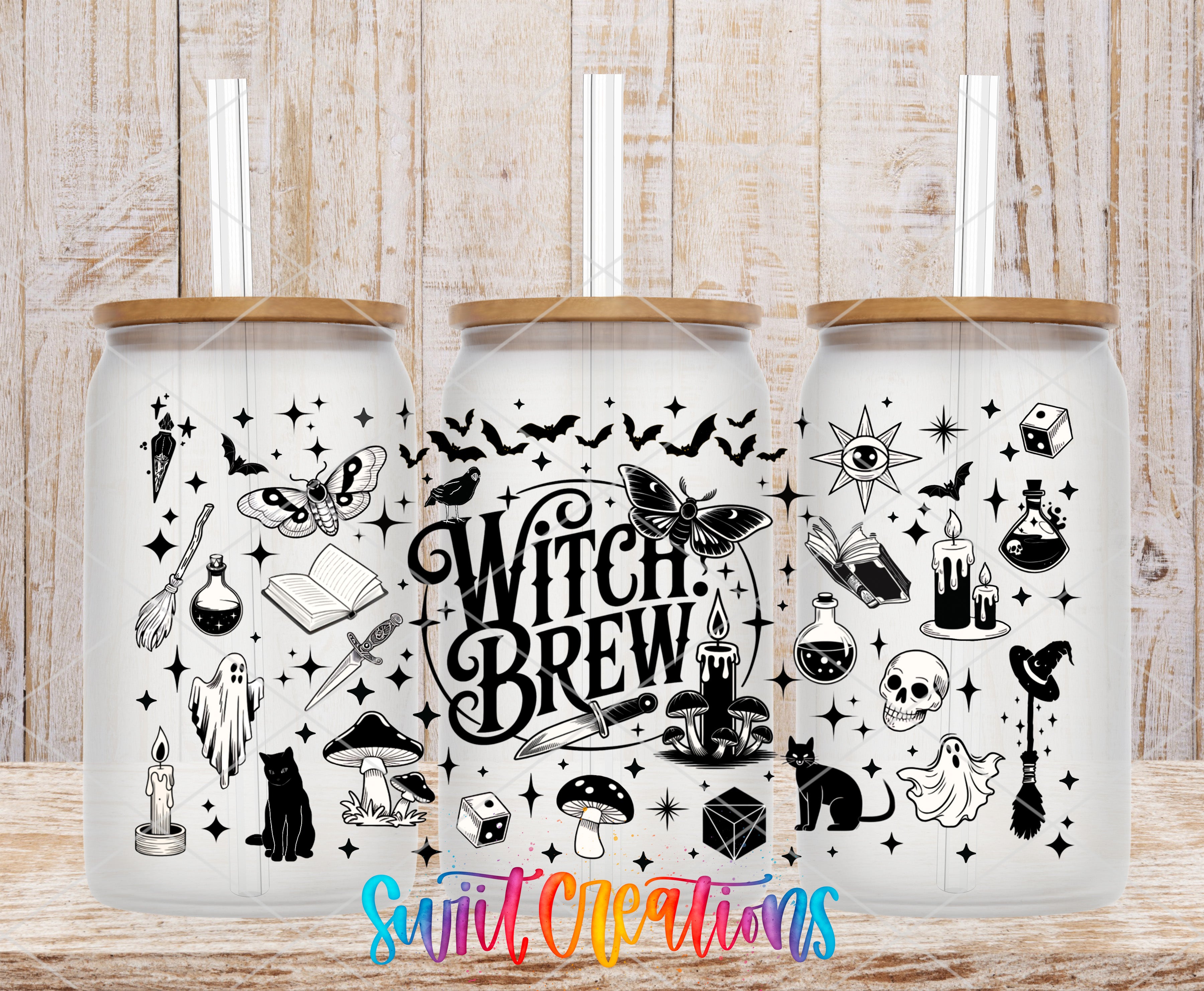 A trio of white tumblers with black illustrations and text, including bats, mushrooms, skulls, and other Halloween-themed symbols, along with the text "Witch Brew" and the word "Swift".