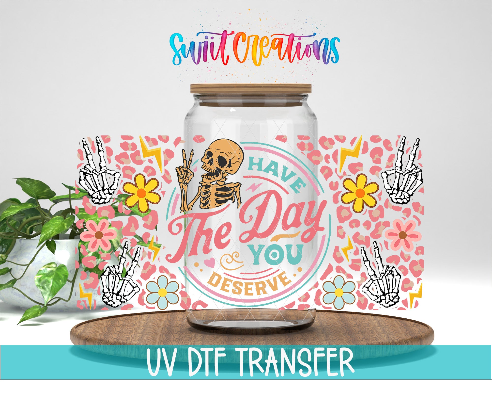 a glass jar with a skeleton and a peace sign, surrounded by a colorful and whimsical design with flowers, leaves, and other decorative elements.
