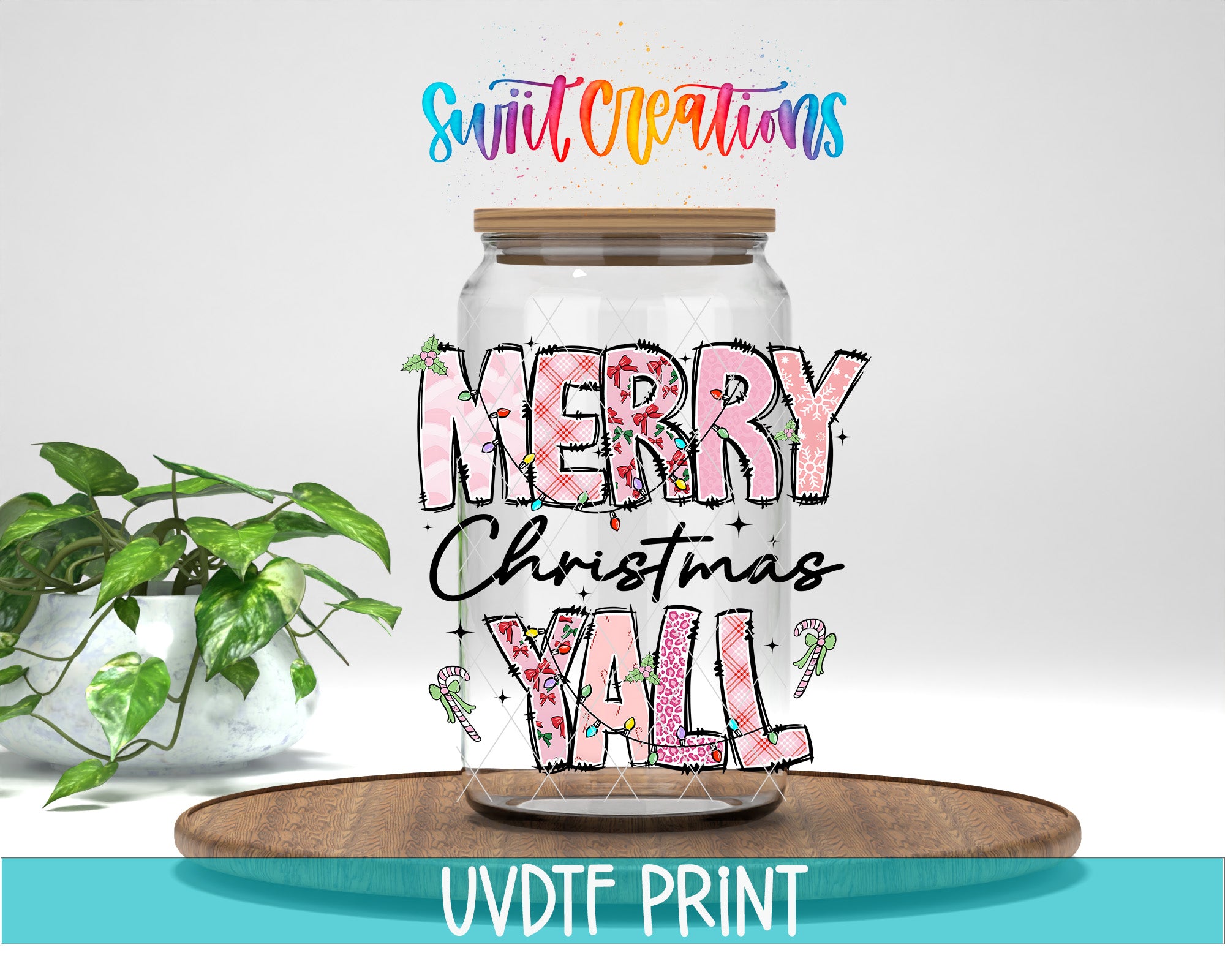 a glass jar with a merry christmas sign on top of it