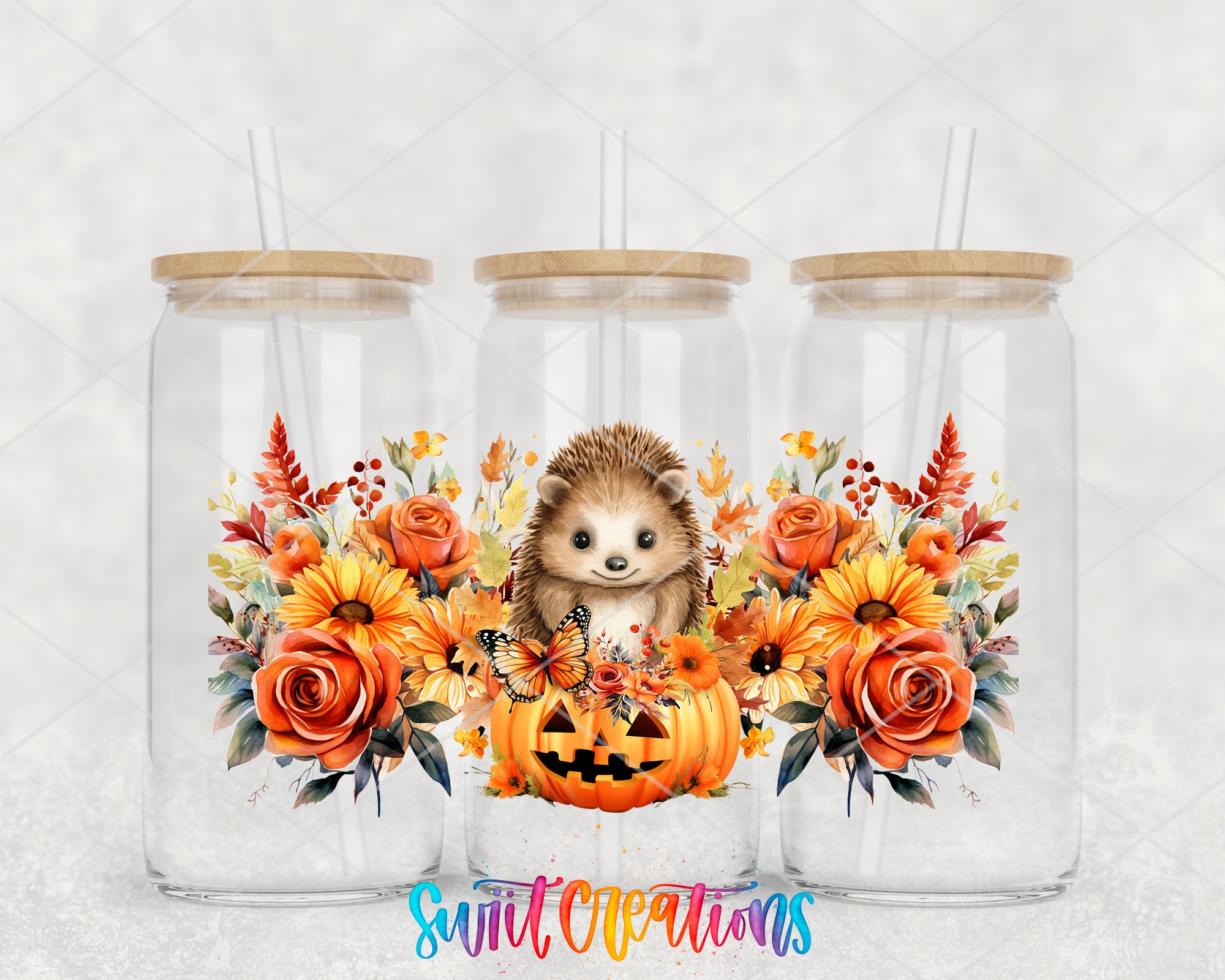 A collage of three glass jars with wooden lids, each containing a Halloween-themed design. The jars feature a hedgehog surrounded by a pumpkin, flowers, and autumn leaves. The text "Sweet Creations" is displayed in the bottom right corner of the image.