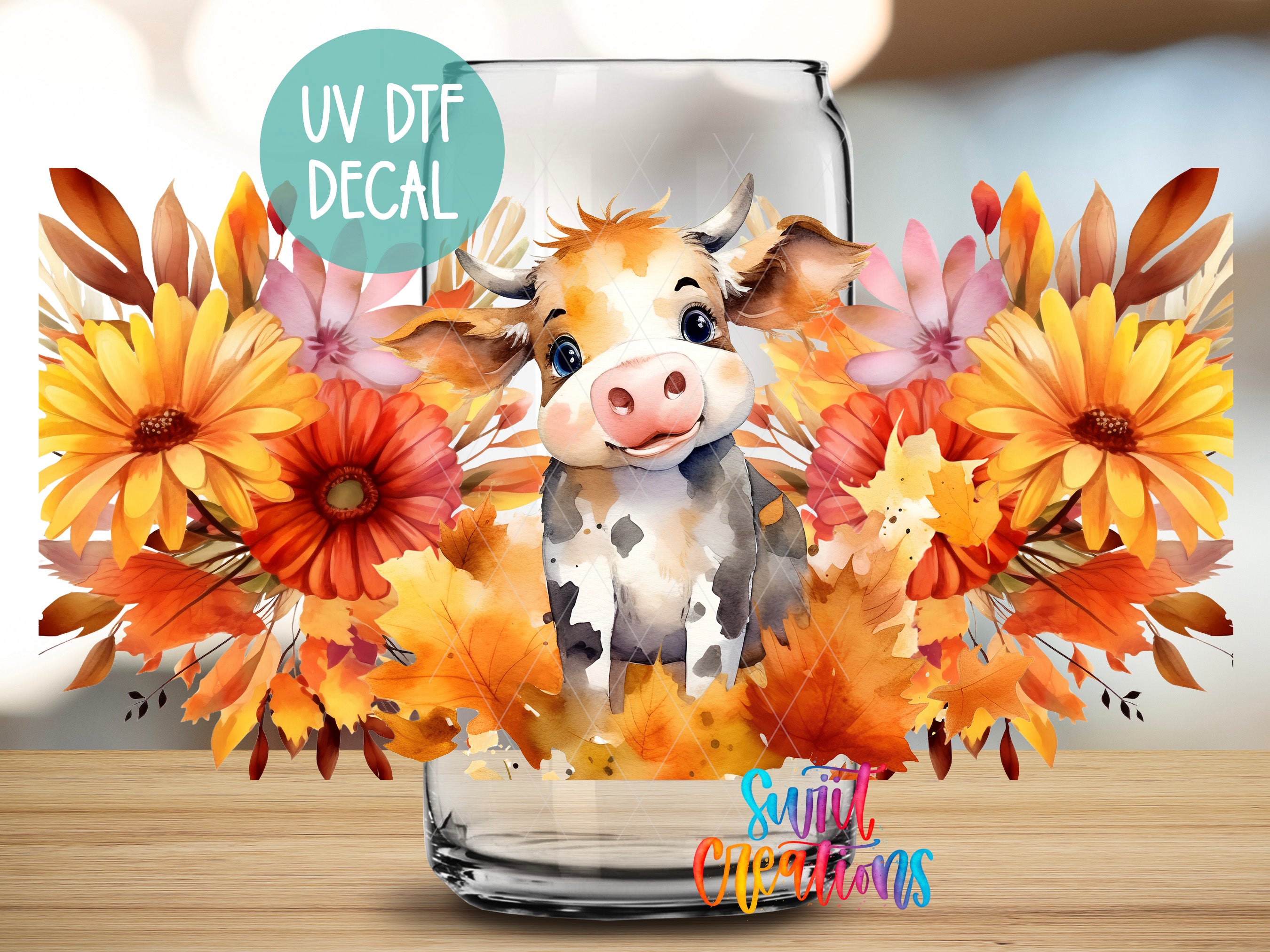 a picture of a cow in a jar with flowers