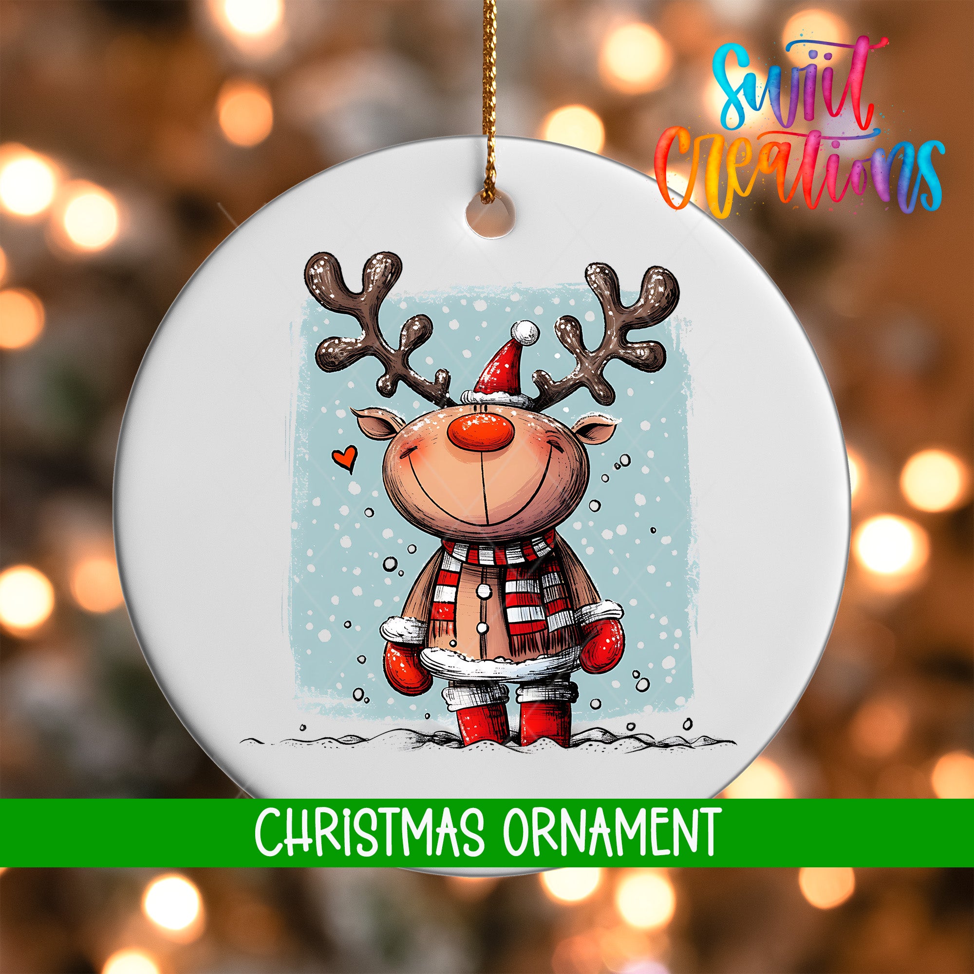 A white Christmas ornament featuring a smiling reindeer wearing a red and white striped scarf and hat, with antlers, against a snowy background.