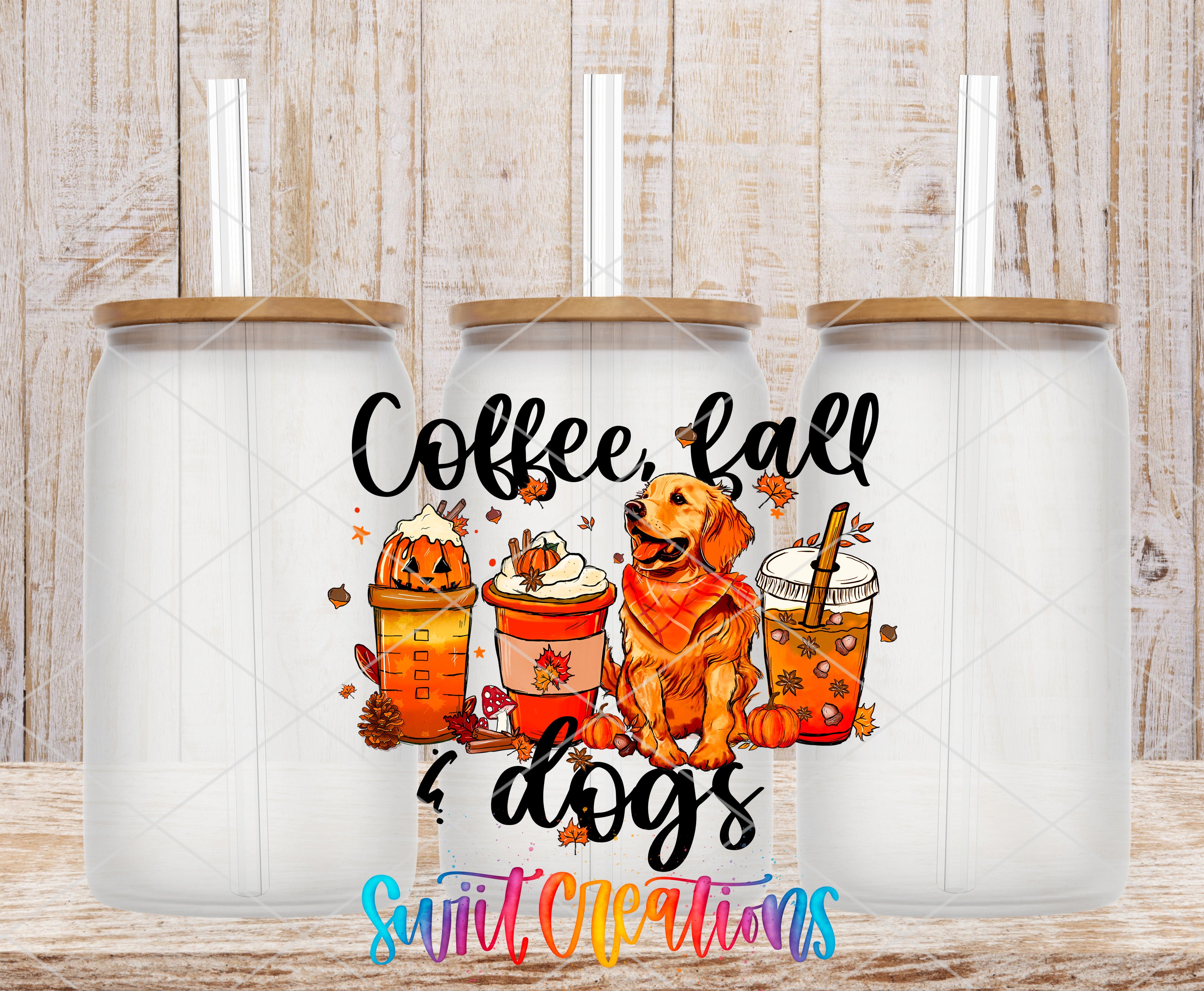 three glass jars with straws, each containing a different beverage, such as coffee, tea, and iced tea. The jars are arranged in a row, and there is a text overlay that reads "Coffee, fall, dogs".