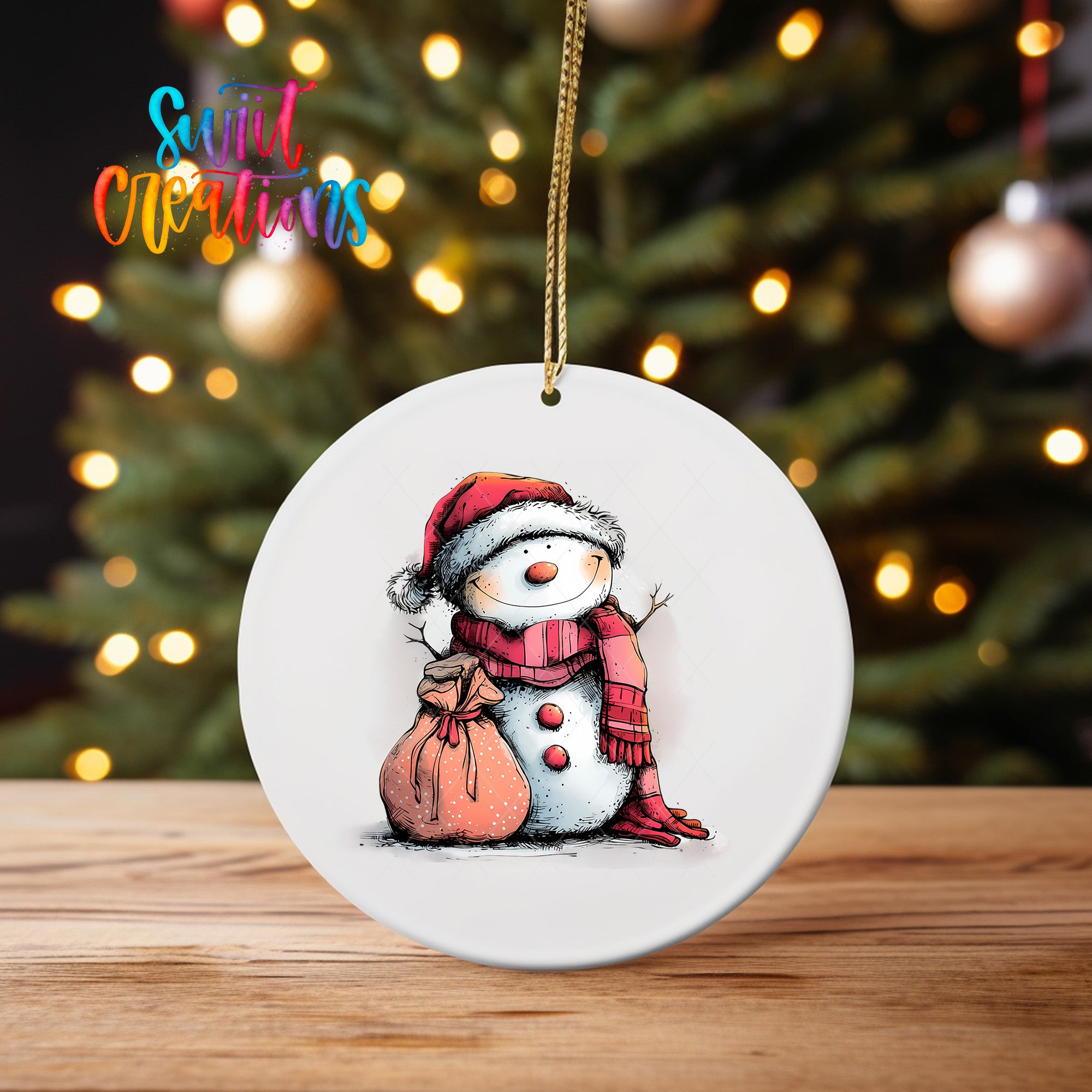 A white ceramic ornament featuring a snowman wearing a red scarf and hat, holding a bag, is displayed in front of a blurred Christmas tree with twinkling lights.