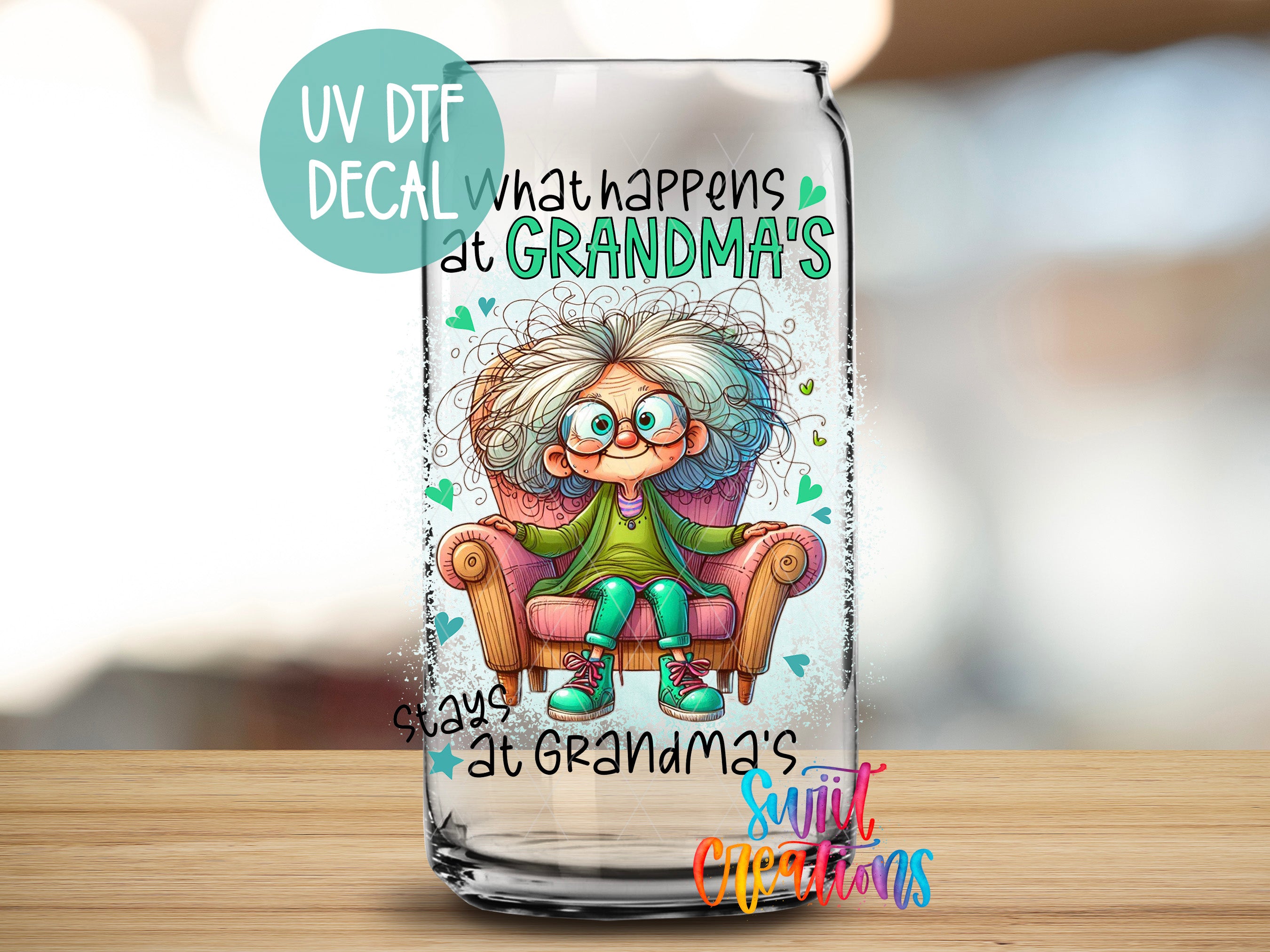 a glass with a picture of a grandma sitting on a chair