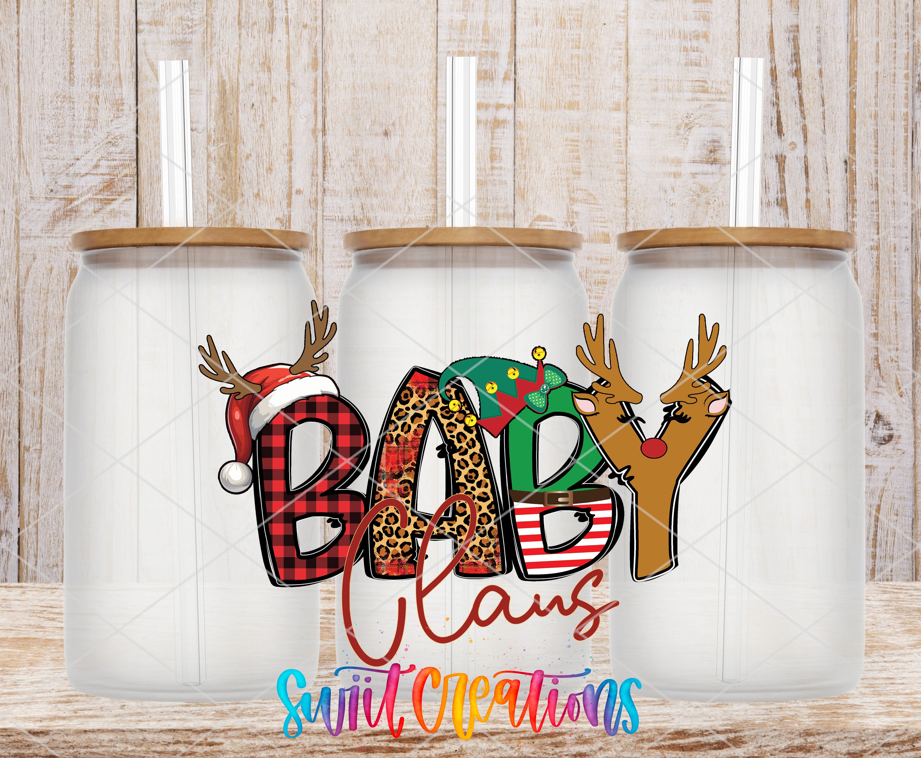 three glass jars with the word "BABY CLANS" printed on them, along with reindeer and Christmas-themed designs.