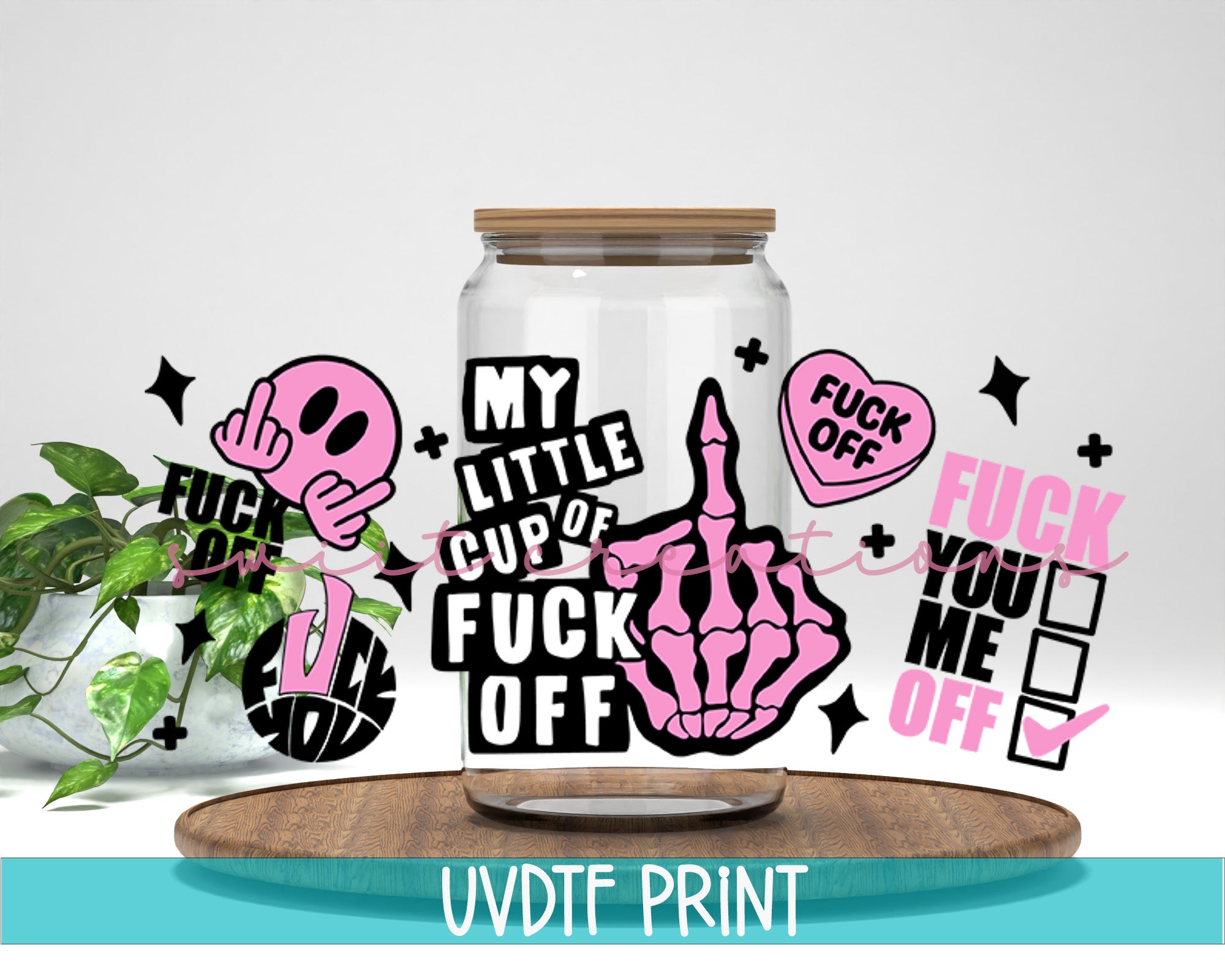 a jar with some stickers on top of it
