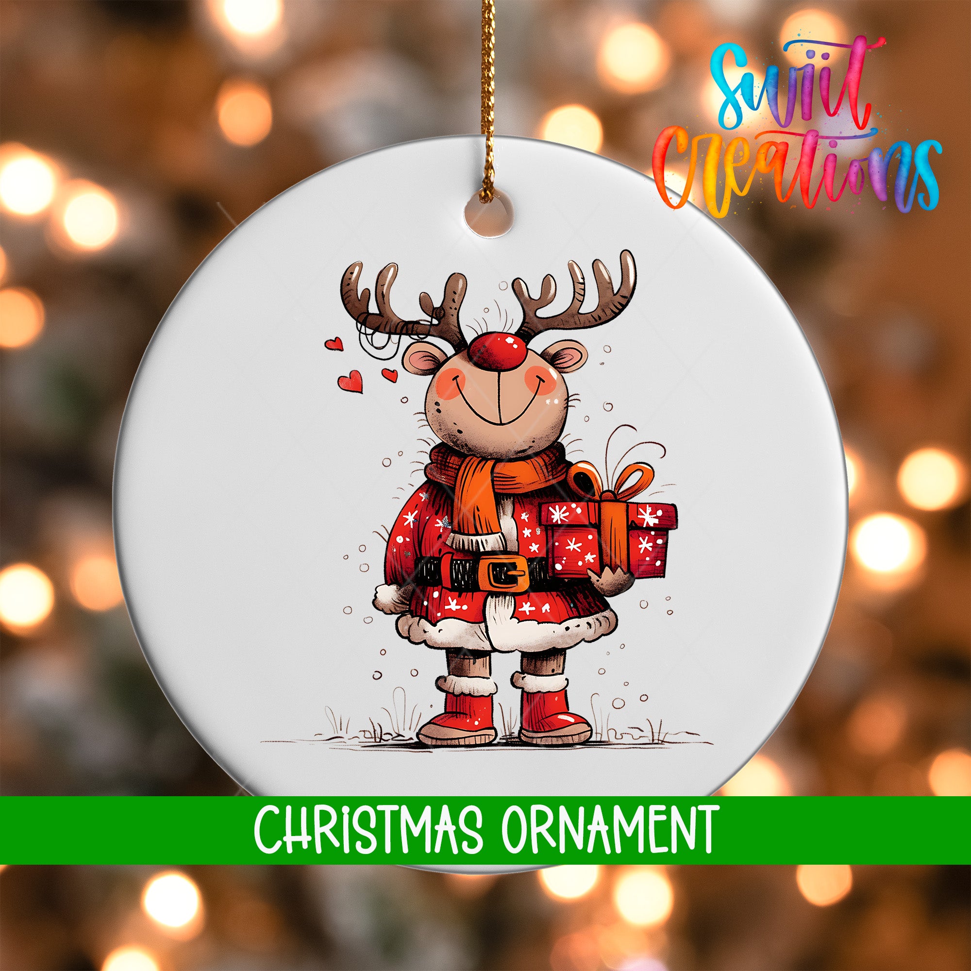 A white Christmas ornament featuring a cartoon reindeer holding a gift box and surrounded by snowflakes.