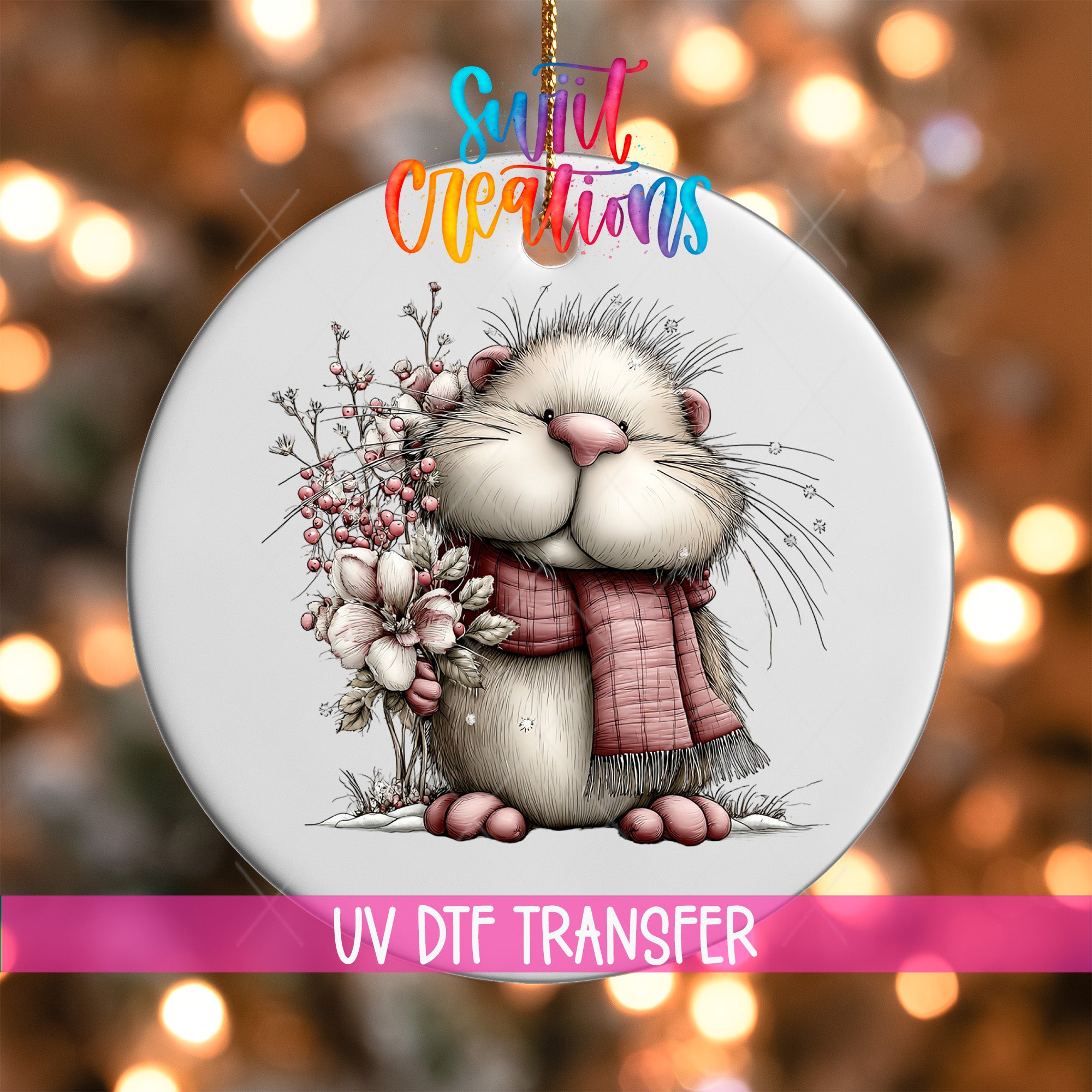 A ceramic ornament featuring a cute cartoon rabbit holding flowers and wearing a scarf.