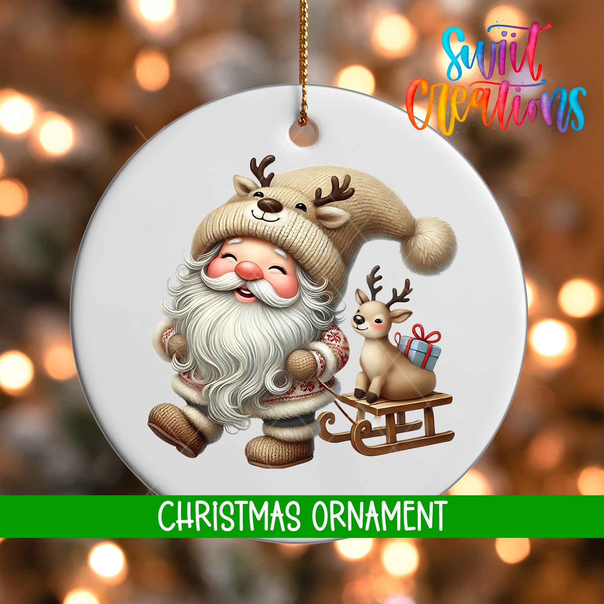 A Christmas ornament featuring Santa Claus and a reindeer, with a gift box and a sled.