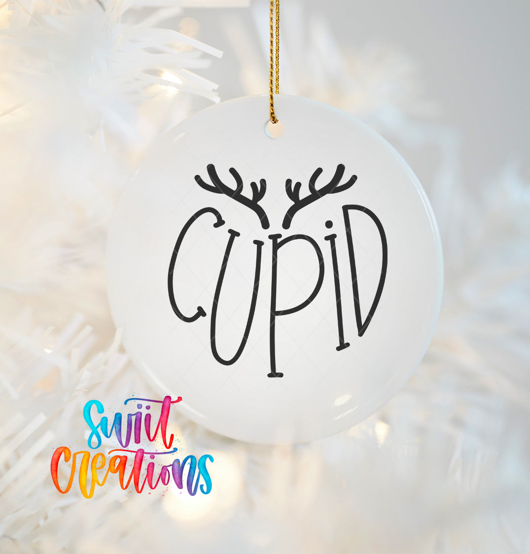 A white ornament with the word "CUPID" written in black text, hanging on a white background with a colorful text overlay.