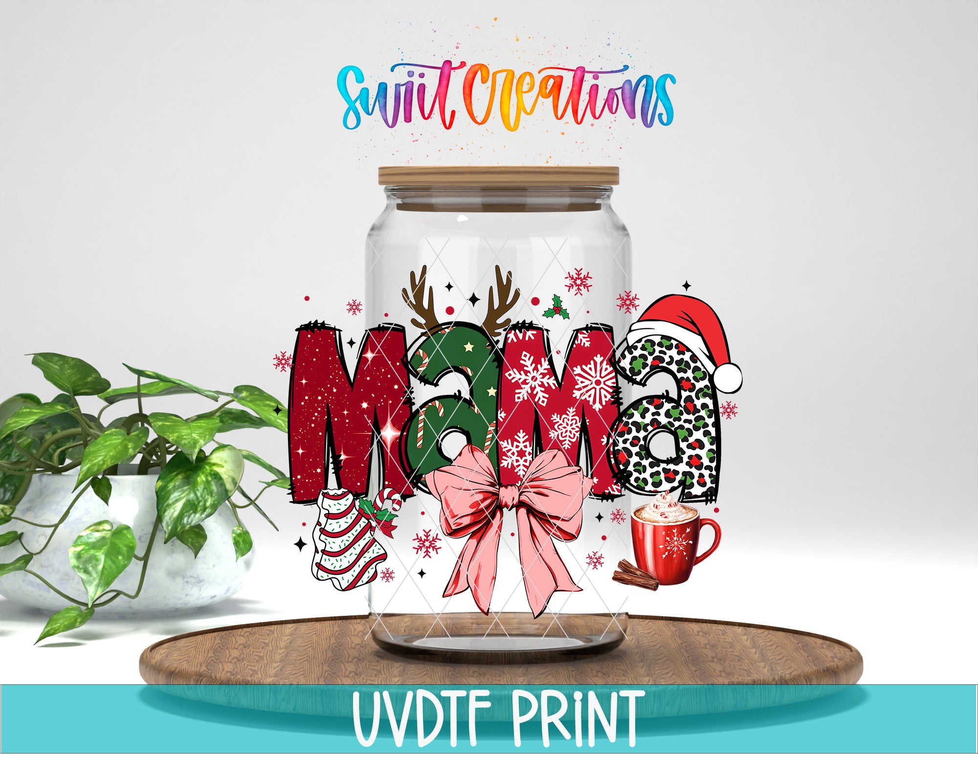 A glass jar with the word "MAMA" written on it, surrounded by various Christmas-themed elements such as snowflakes, reindeer, and a mug with a hot beverage. The jar is placed on a wooden surface, and there is a potted plant in the background.